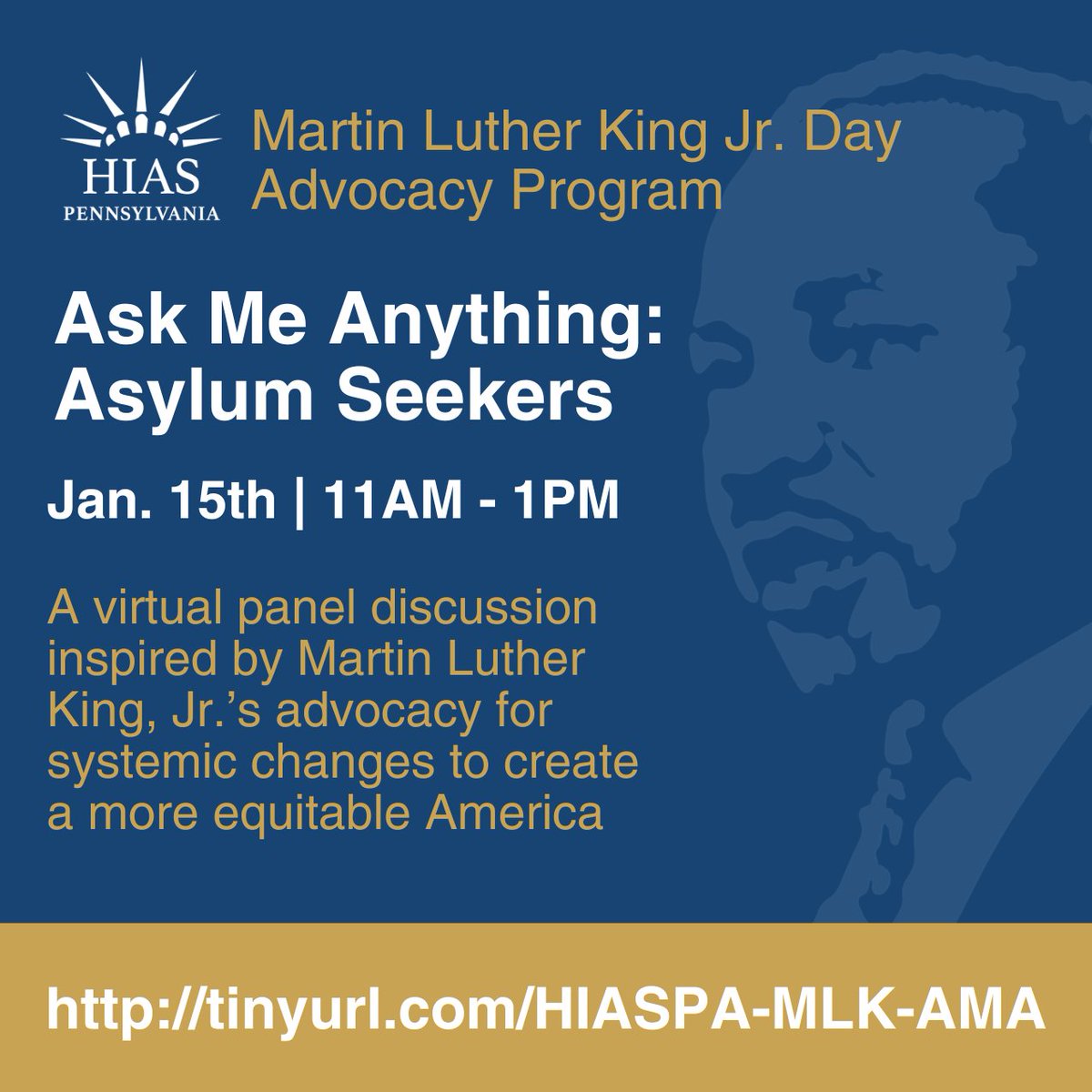 Our virtual Ask Me Anything program on Asylum Seekers is tomorrow. Please join us from 11AM – 1PM EDT to hear from an asylee client, a psychiatrist, & an attorney about the experiences of asylum seekers. #SaveAsylum #SupportImmigrants Register: tinyurl.com/HIASPA-MLK-AMA