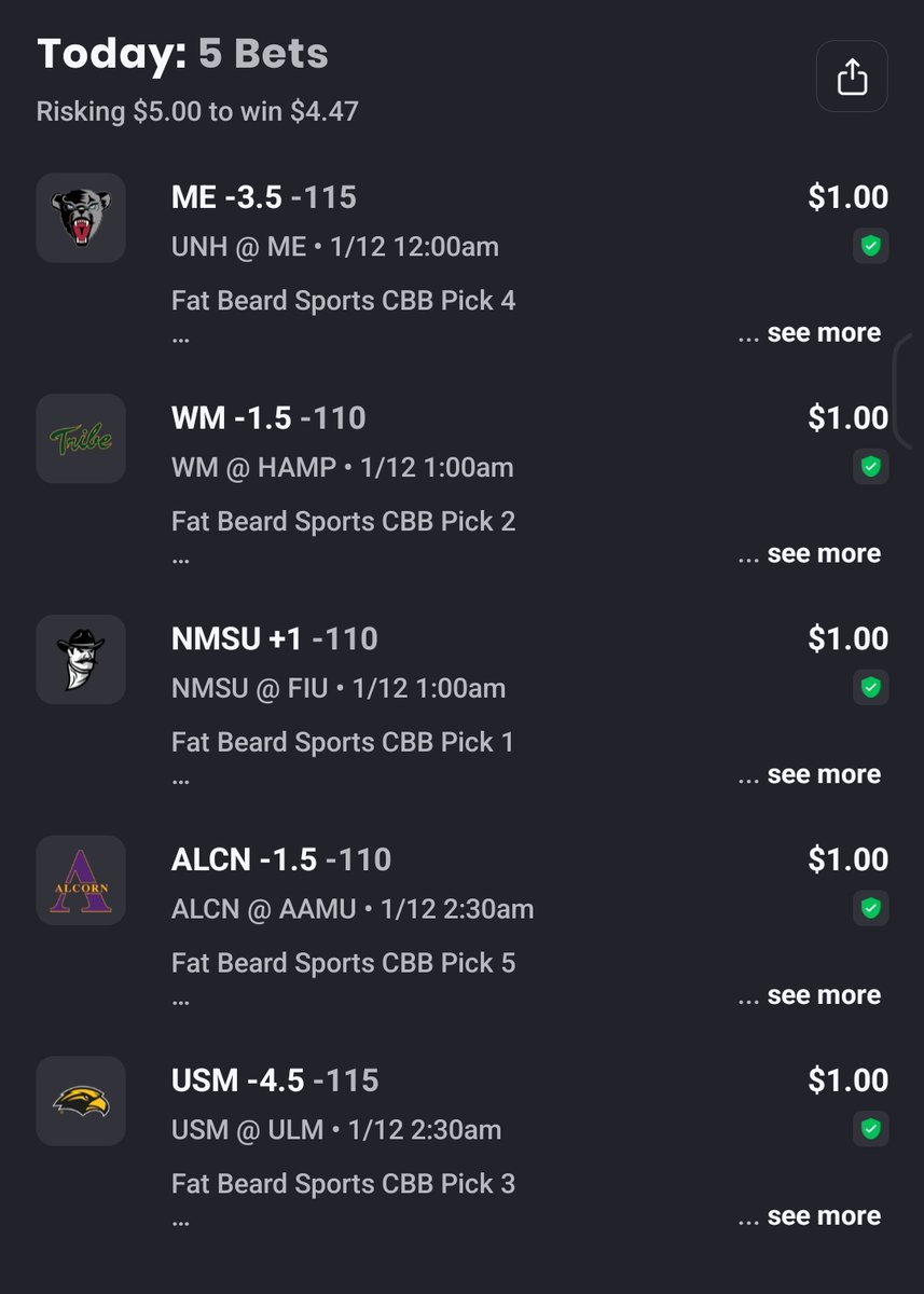 FatbeardG's tweet photo. All that is on the board from me tonight. This is from @ActionNetworkHQ to track bets. $1 = 1u. 

Gamble responsibly.

#CBB #CBBPicks https://t.co/ciPYfMTuFn