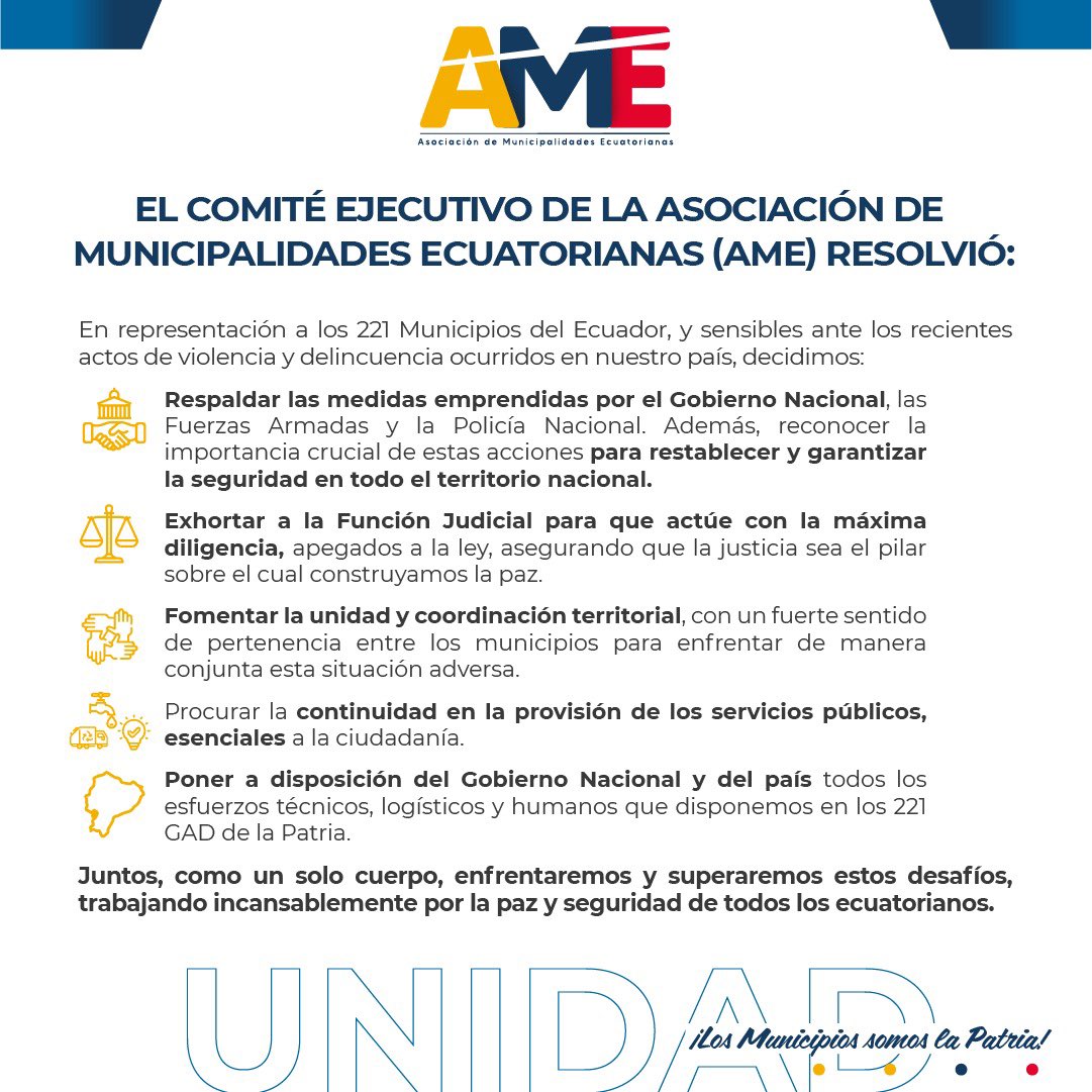 El Comité Ejecutivo de #AME, ante la situación que atraviesa el país🇪🇨, resolvió ⬇️
