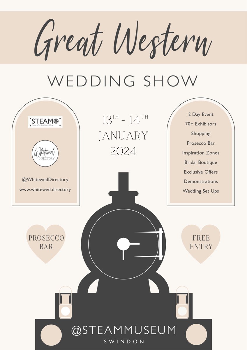 We're exhibiting at the Great Western Wedding Show #GWWS at <a href="/steam_museum/">STEAM Museum</a> this weekend, 13 &amp; 14 January. Come along &amp; meet our experineced events team and talk all things #weddings! #weddingshow 
tinyurl.com/mr389ty2