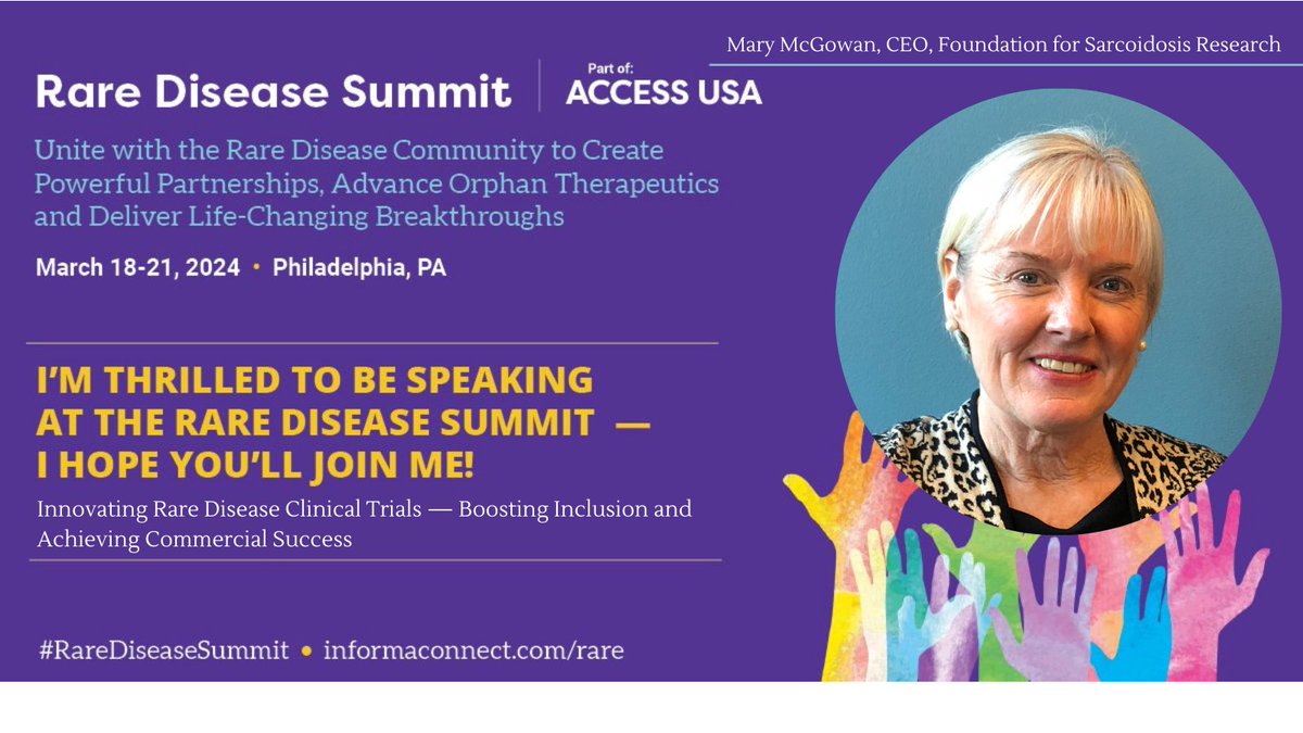 StopSarcoidosis's tweet photo. We are thrilled to have FSR CEO, Mary McGowan present at the upcoming Rare Disease Summit 2024! Unite with the #raredisease community to create powerful partnerships, advance orphan therapeutics and deliver life-changing breakthroughs. Register: https://t.co/vzFIB4Y1J3 https://t.co/IzPsqOZNBo