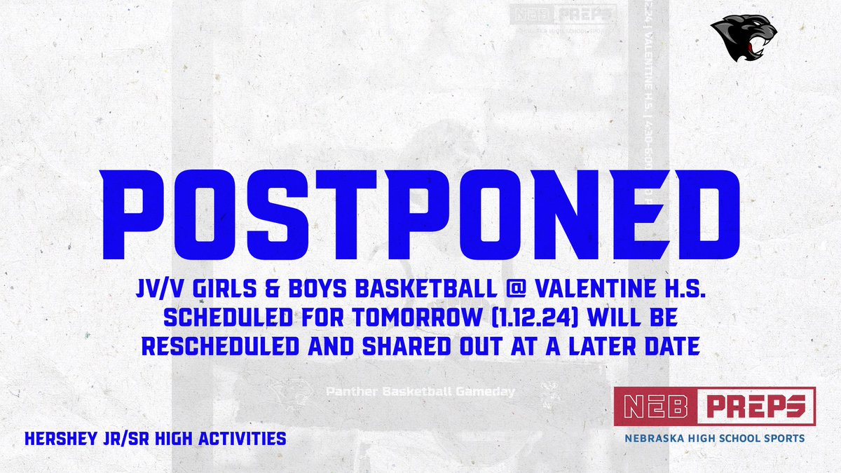 SCHEDULE ALERT: Due to dangerously low wind chill and snow forecasted for TOMORROW EVENING, the JV/V Girls &amp; Boys  Basketball games at Valentine High School tomorrow have been POSTPONED to a later date. Once a date has been confirmed, we will communicate out through HPS Social