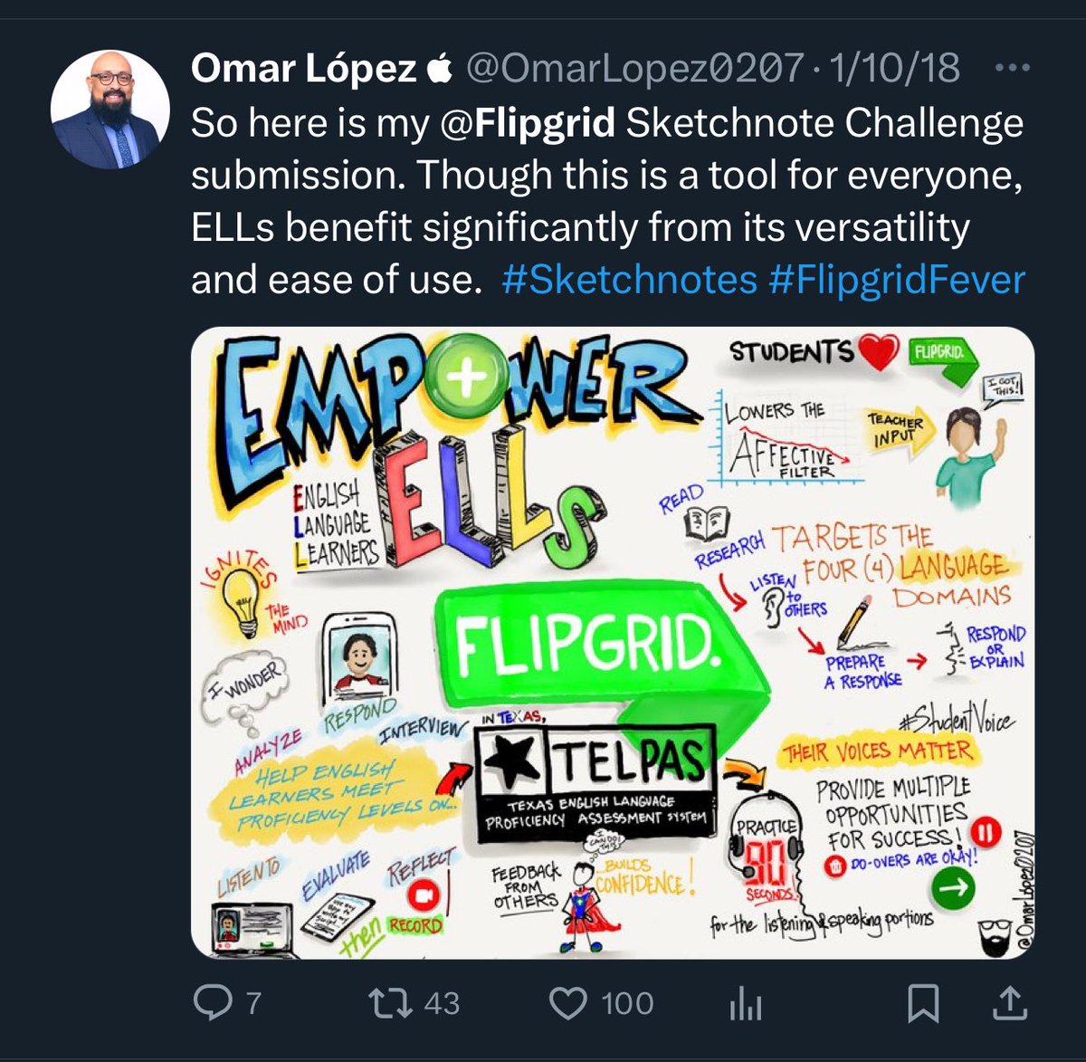 OmarLopez0207's tweet photo. In the spirit of #WorldSketchnoteDay here’s the #sketchnote that propelled my sketchnoting career! 
Huge thanks to @FelyTeachnology who had been using @MicrosoftFlip with her #multilingual learners and encouraged me to submit this, 5 yrs ago.
@ClaudioZavalaJr, remember this? https://t.co/RmTC9QZ6Rh