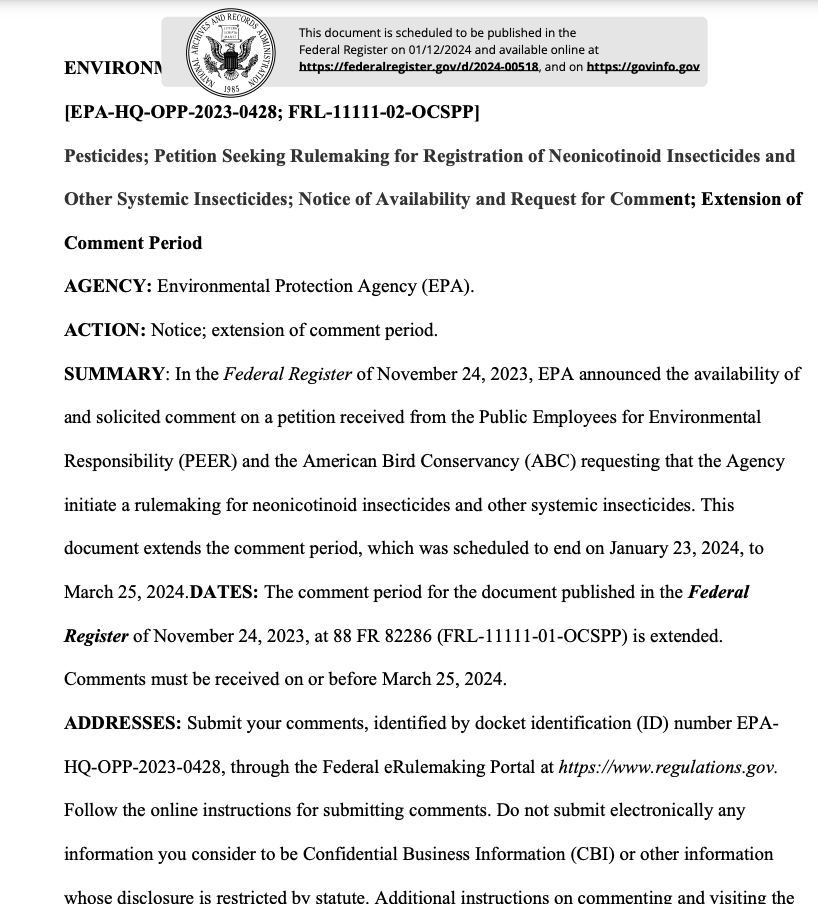 StateImpactCntr's tweet photo. 🗓️@EPA is extending the comment period for a proposed petition from @PEERorg and @ABCbirds urging a rulemaking for neonicotinoid and systemic insecticides. Comments are now due 3/25. #StateImpactAlert
https://t.co/tbAhuqfpy3 https://t.co/H8SEFMMfbo
