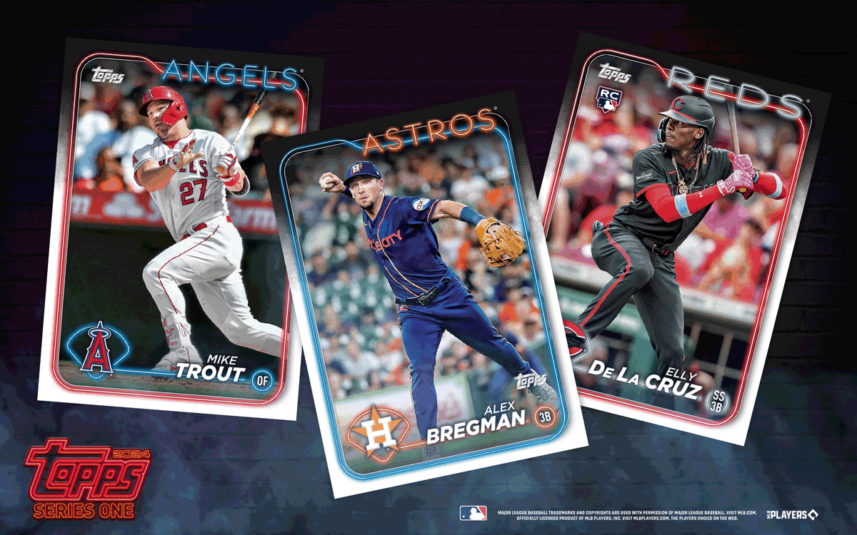 Topps's tweet photo. BIG STARS, BRIGHT LIGHTS 🤩🏟️  

The 2024 Series One card design is here to shine https://t.co/VDG3CgzcWA