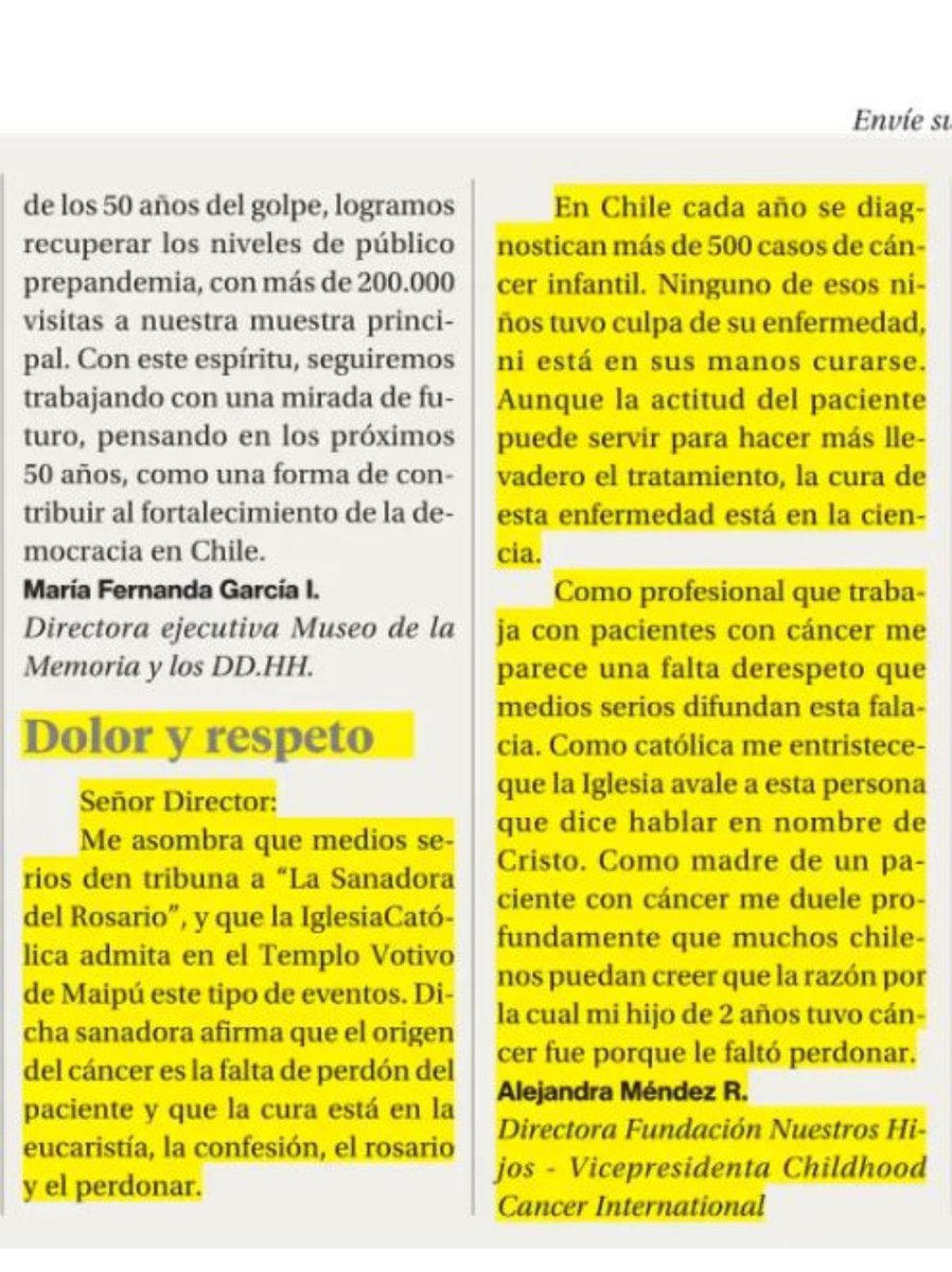 Gracias <a href="/La_Segunda/">laSegunda</a> por publicar mi carta y visibilizar este tema. Los pacientes cn cáncer merecen respeto,  culparlos a ellos por su enfermedad es totalmente irracional. Especialmente a los niños!🎗️
Por favor no más tribuna a esa  “Sanadora”
<a href="/Nuestros_Hijos/">Fundación Nuestros Hijos</a>