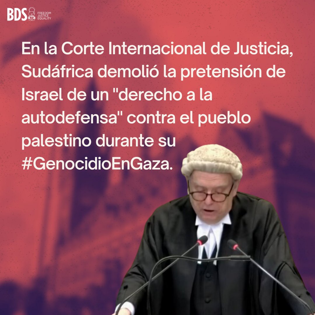 MovimientoBDS's tweet image. La afirmación de "autodefensa" de Israel para justificar su #GenocidioEnGaza es demolida hoy en la Corte de La Haya por Sudáfrica.
Los líderes y medios occidentales que repiten como loros esta falsa afirmación deben ser responsabilizados por permitir el genocidio.
#IsraelEnJuicio
