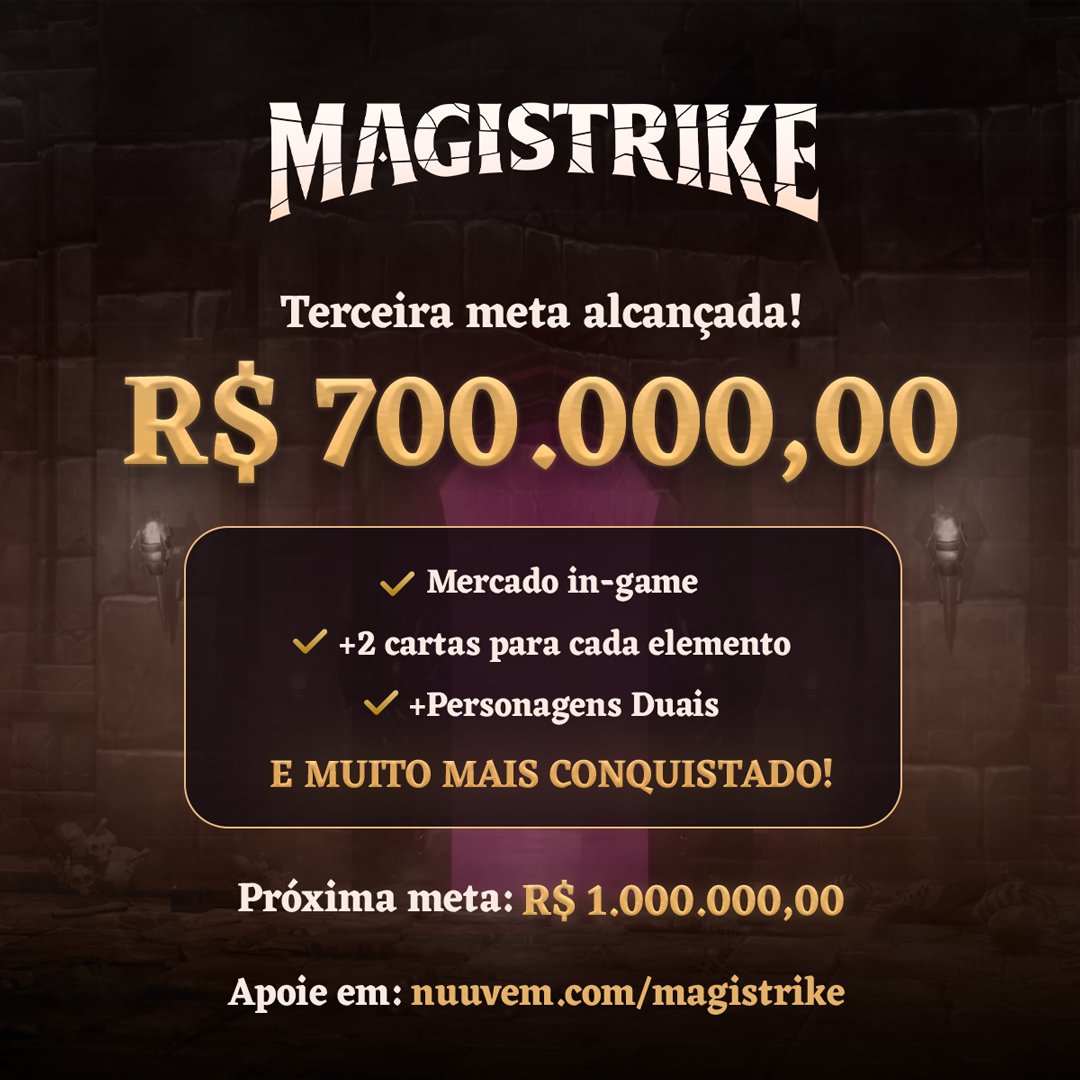 Alcançamos a META 3, e a magia continua! 🌟✨

Agradecemos imensamente a cada um dos +6 mil apoiadores que tornaram isso possível, levando o financiamento coletivo do #Magistrike para incríveis R$700.000! 🎉

Com isso, desbloqueamos recompensas incríveis:

⭐ Mercado in-game para