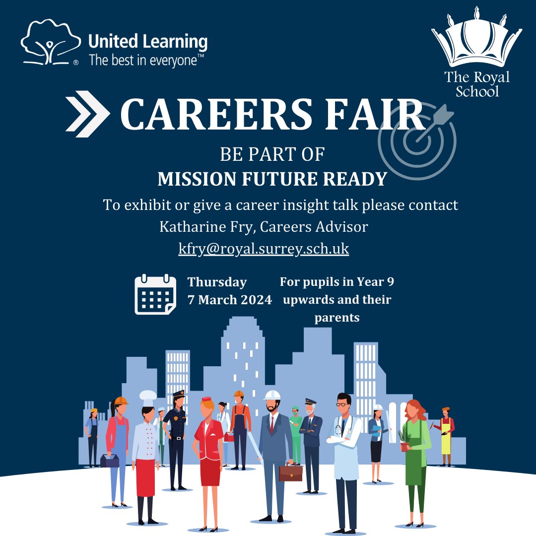 Join #Mission #FutureReady as an exhibitor or key insight speaker to support Royal pupils with advice on pursuing their career interests. Contact Katharine Fry at kfry@royal.surrey.sch.uk #Careers #CareersAdvice #FutureReady #ShapingDreams