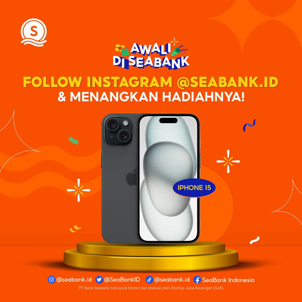 SeaBankID's tweet photo. 🎉FOLLOW INSTAGRAM SEABANK &amp; MENANGKAN  IPHONE 15🎉

Mumpung tahun baru, miliki HP baru juga dong cuma modal FOLLOW INSTAGRAM SeaBank loh🤭

Yang udah FOLLOW boleh REPLY "UDAH" nanti mimin catet usernamenya ✍️

MENANGKAN di sini 👉  https://t.co/FbbK6Ok9YV https://t.co/m7pL8EDnG3