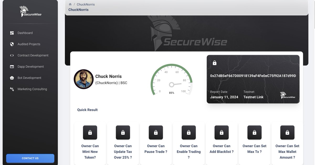 SecureWise (@securewiseaudit) on Twitter photo We are happy to announce that <a href="/ChuckNorrisCash/">Chuck Norris</a> has completed SAFU Smart Contract AUDIT with SecureWise
Check out the report:
audits.securewise.org/ChuckNorris
Chuck Norris (ChuckNorris)
chucknorris.pro
#BSC #BSCNews #BSCGEMS #Audit We are happy to announce that <a href="/ChuckNorrisCash/">Chuck Norris</a> has completed SAFU Smart Contract AUDIT with SecureWise
Check out the report:
audits.securewise.org/ChuckNorris
Chuck Norris (ChuckNorris)
chucknorris.pro
#BSC #BSCNews #BSCGEMS #Audit