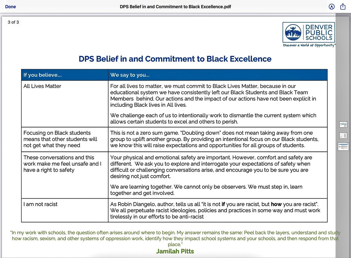 EndWokeness's tweet photo. EXCLUSIVE: 

This was an internal memo sent to staff and teachers at Denver Public Schools: "Black Excellence Pledge"

Included in this pledge: 

"Understand the prevalence & deep harm whiteness brings to students"
"Equity-based revisions to curriculum"
"Work to dismantle the system that allows certain students to excel, others to perish"

It also states that all whites are racist and perpetuate racist ideologies, policies, & practices.
