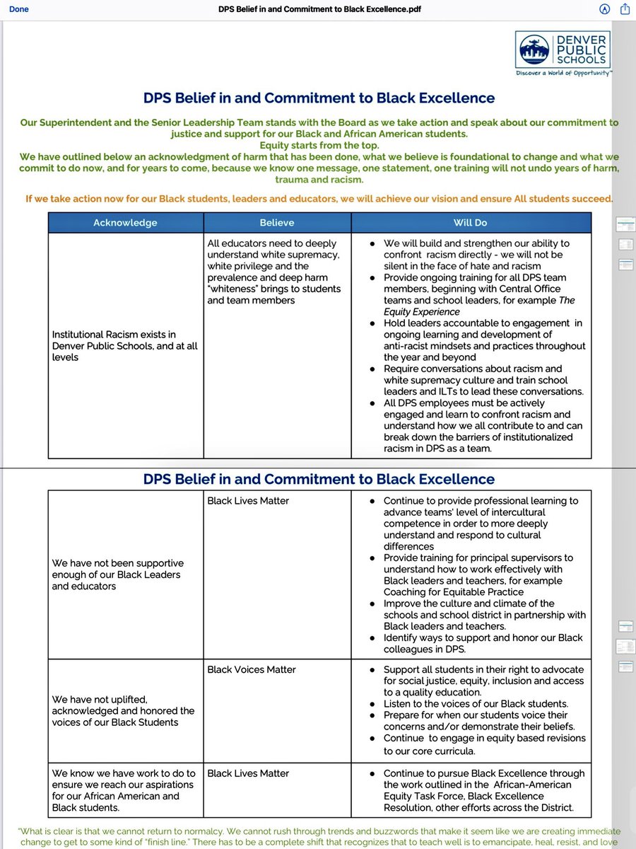 EndWokeness's tweet photo. EXCLUSIVE: 

This was an internal memo sent to staff and teachers at Denver Public Schools: "Black Excellence Pledge"

Included in this pledge: 

"Understand the prevalence & deep harm whiteness brings to students"
"Equity-based revisions to curriculum"
"Work to dismantle the system that allows certain students to excel, others to perish"

It also states that all whites are racist and perpetuate racist ideologies, policies, & practices.