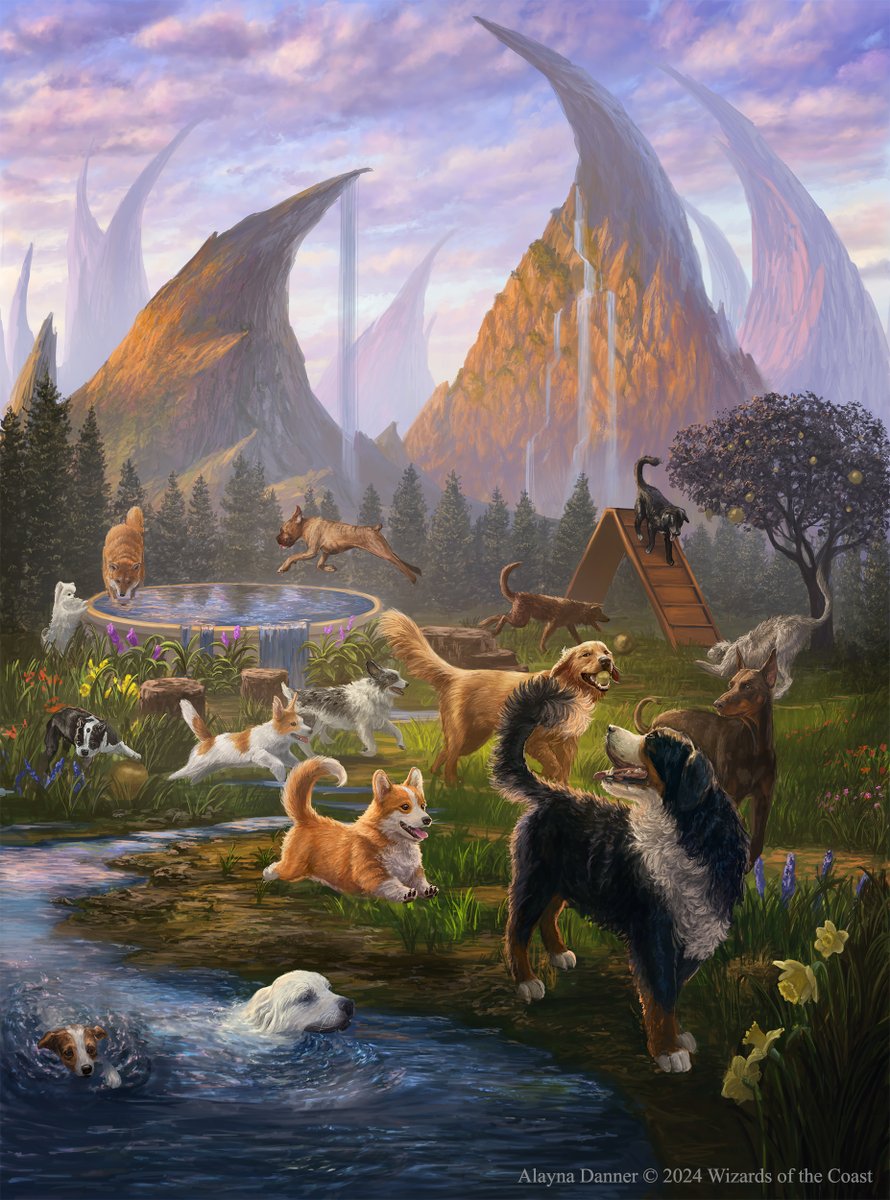 Dog (Park) Mountain for the new Raining Cats & Dogs Commander deck! I got to do 3 lands with a lot of cats and dogs T_T  It was super fun 
AD: Sarah Wassell 
#mtg #mtgart #mtgsld #fantasyart