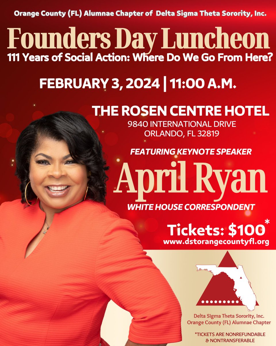OCAC invites you to join us for an inspiring Founders Day Luncheon on February 3, 2024, at the Rosen Centre Hotel featuring the esteemed April Ryan, MSNBC's longest-serving White House News Correspondent.  
  
#OCACDST #SRDST #DST1913 #ThePowerofOneDST #FoundersDay #DST111 #J13