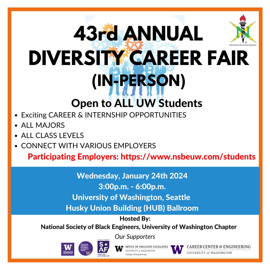 Fantastic opportunity for all UW students: 43rd Annual Diversity Career Fair
Link to Handshake: uw.joinhandshake.com/stu/career_fai…