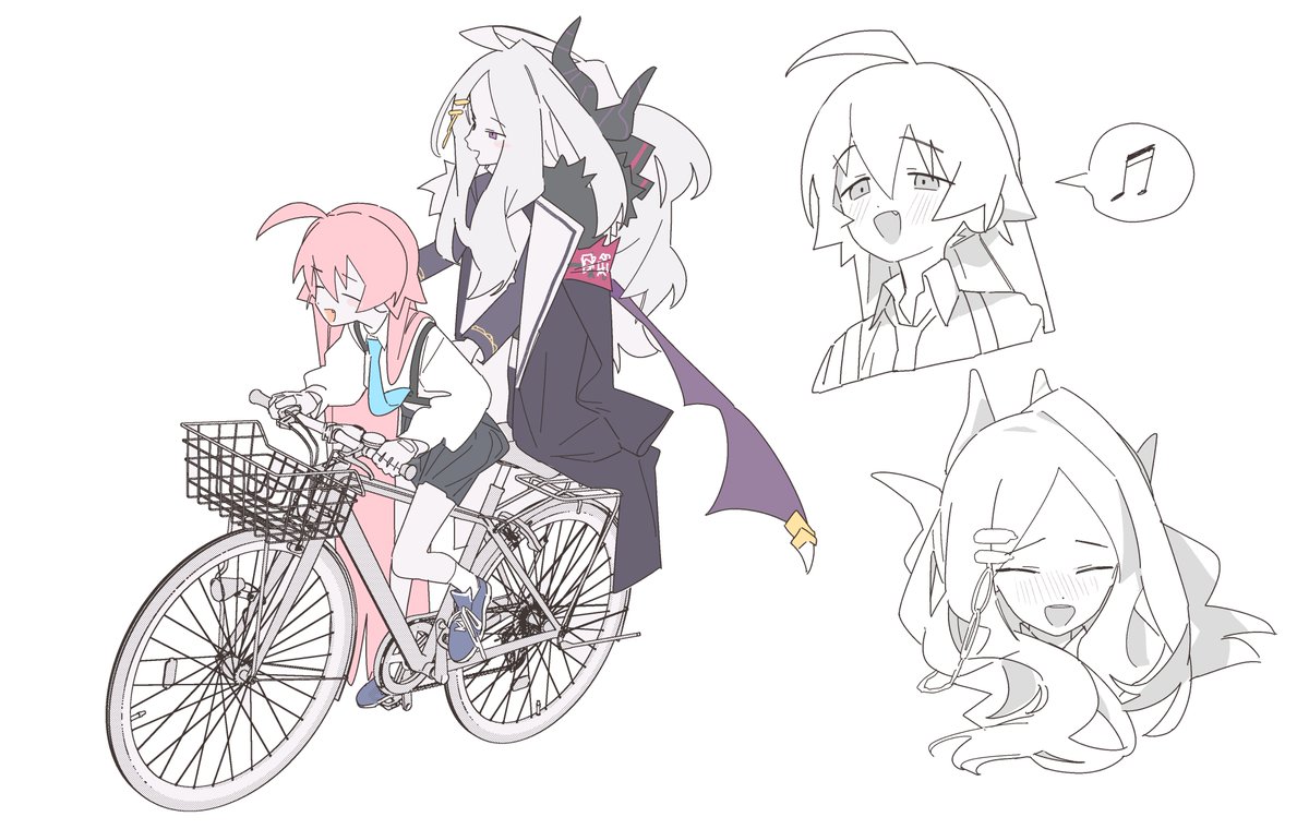hina (blue archive) ,hoshino (blue archive) multiple girls riding bicycle ground vehicle long hair horns ahoge  illustration images
