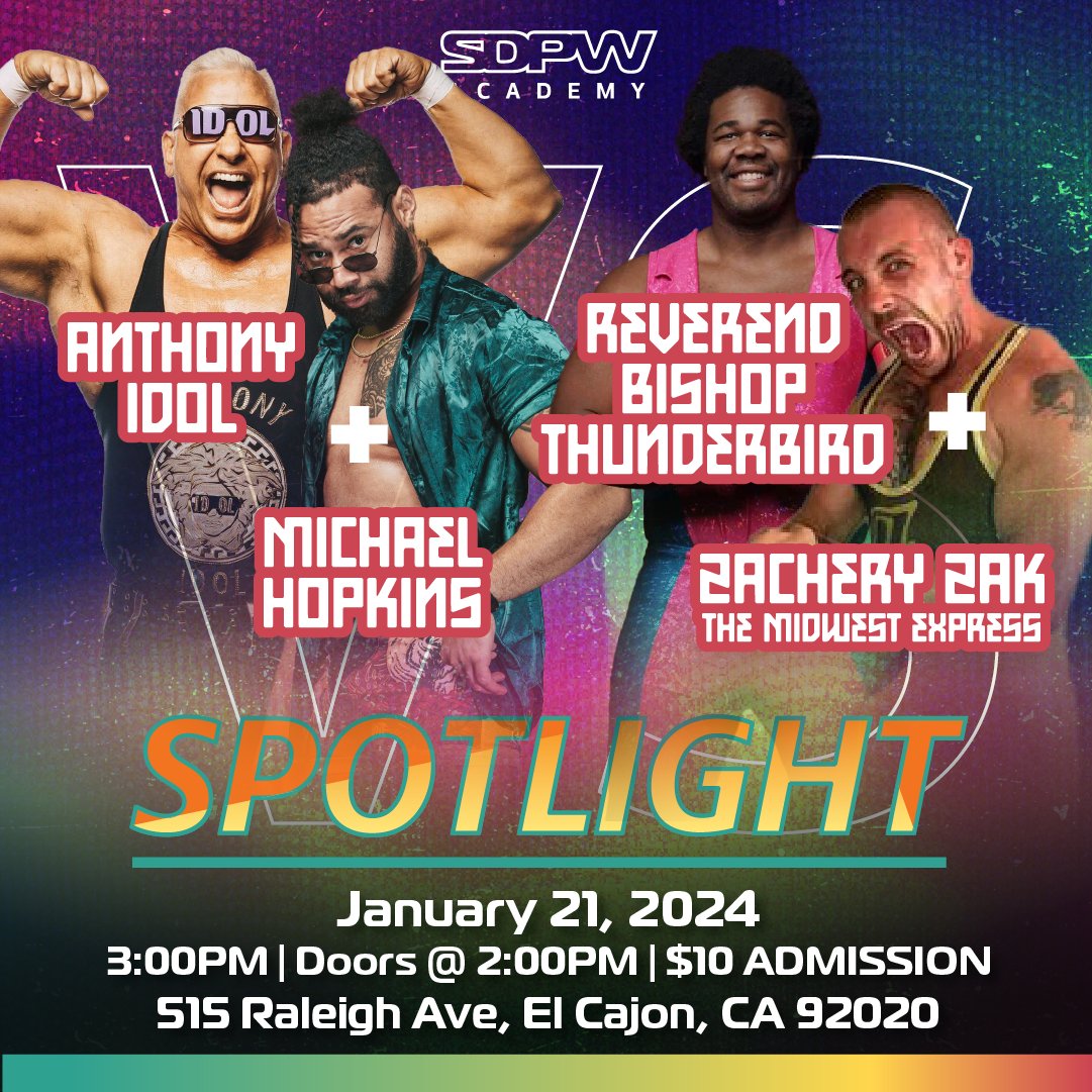 🚨 Spotlight 🚨 The Holy Express are geared up to take on the team of Anthony Idol & Michael Hopkins on January 21st, only on Spotlight! #SDPWA #Spotlight #prowrestling #sandiego #tagteam 🎨 @howellns1