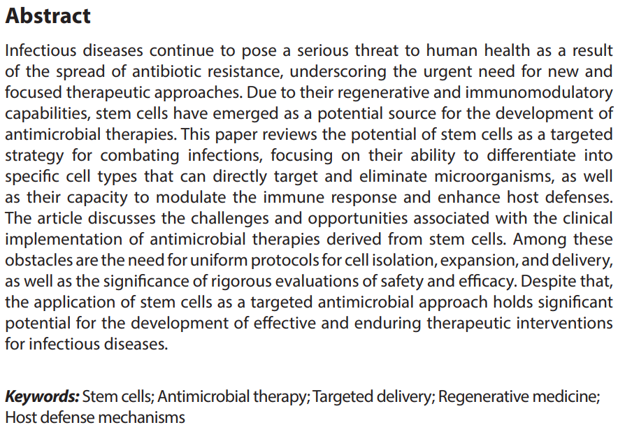GPD_ASP's tweet photo. 👏#AccScience New Paper Published👇 "Unleashing the potential of stem #cells for targeted #antimicrobial #treatment"
👥By Ali Yetgin et al. @cuhabermerkezi 

📖Enjoy reading: https://t.co/Yc43XtP91Z https://t.co/cqrTak7Oaw