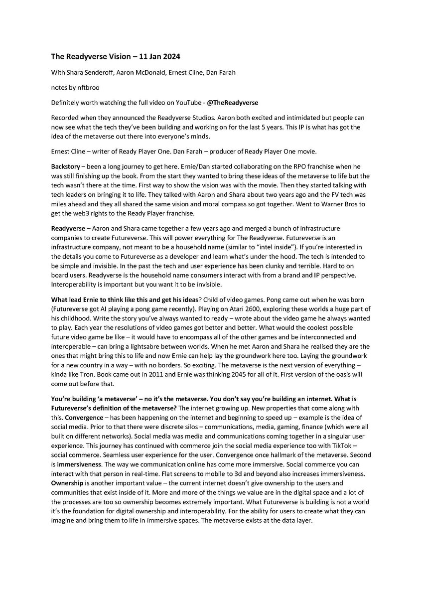 nftbroo's tweet photo. Notes from The Readyverse Vision - I loved this chat, definitely worth a watch if you have time. Otherwise check out my notes. Translatable/searchable version below. (four images) @futureverse @TheReadyverse