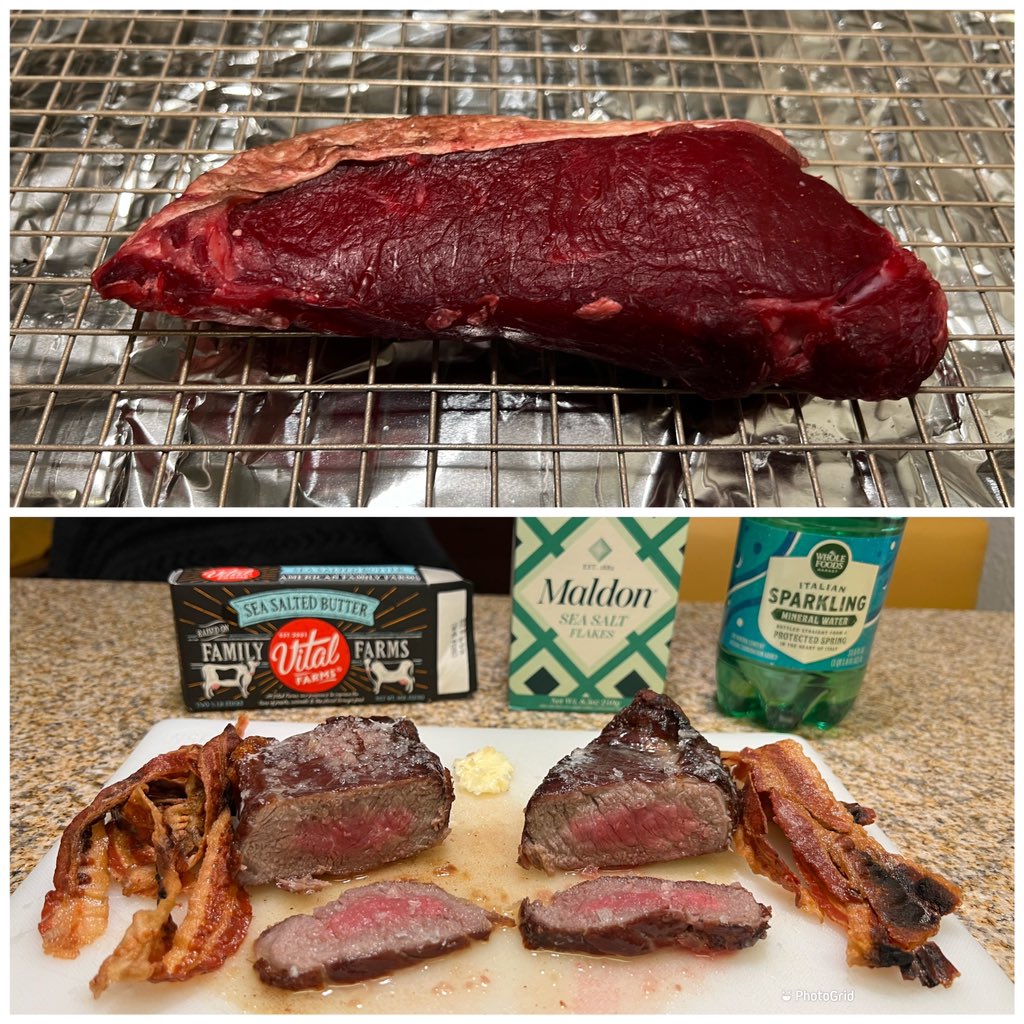 72hr dry brined NY Strip with @maldonsalt flakes, 🥓 and @vitalfarms butter. Cooked the 🥩 on broil 5 mins a side and then seared 1 min per side in tallow. Finished in butter. All purchased at @WholeFoods in Boise ID. 
#Carnivore #carnivorediet #WorldCarnivoreMonth