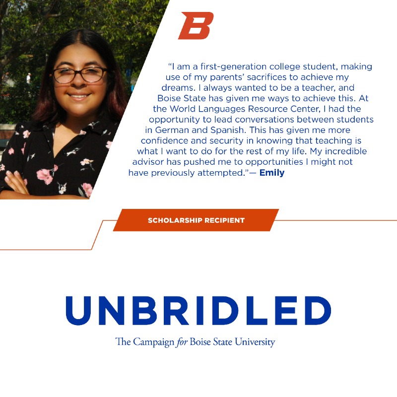 "I am a first-generation college student, making use of my parents' sacrifices to achieve my dreams. I always wanted to be a teacher, and <a href="/BoiseState/">Boise State University</a> has given me ways to achieve this." — Emily

#BoiseState #BroncosThankDonors #UNBRIDLED <a href="/BSUWorldLang/">🌎 Department of World Languages at Boise State</a> <a href="/BoiseStateCOED/">Boise State College of Education</a>