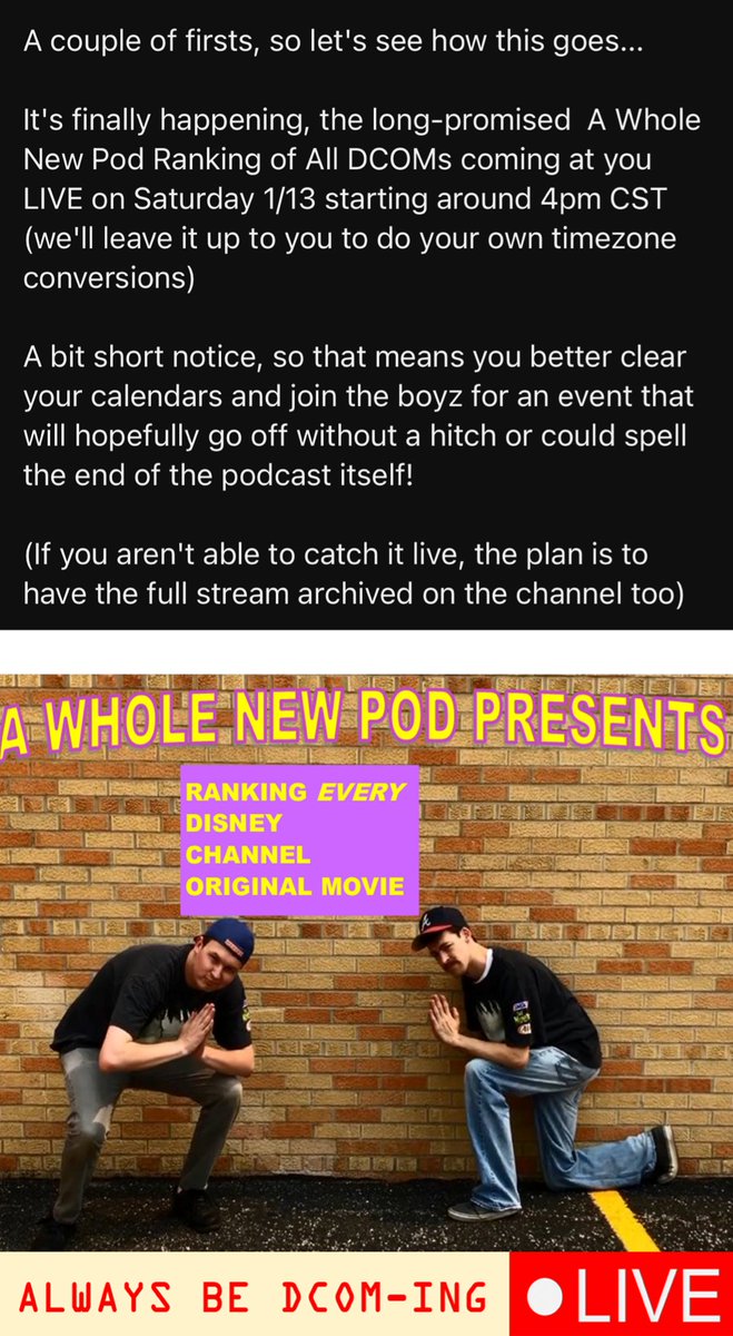 AWNPod's tweet photo. Have plans this Saturday? Cancel them! Don’t have plans and wondering how to spend your time?? Join us for a LIVE broadcast via the link below this Saturday the 13th at 4pm CST/5pm EST ⬇️⬇️

Ranking EVERY Disney Channel Original Movie (A Whole New Pod) https://t.co/nFAZ5jirSC https://t.co/IyzHSDdCZs
