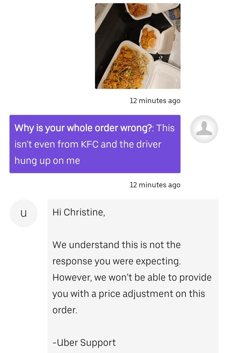 AusomeAwetism's tweet photo. @Uber_Support THIS is the level of customer service you provide? I ordered a family meal from KFC and got something entirely different that none of us will eat. 
I paid for something I received NONE of. And you say sorry about your luck?! https://t.co/R3reAgypR4