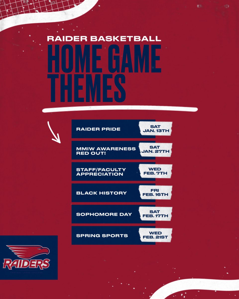 Check out the themes for the remaining home games for Raider Basketball! 🏀

Next up - RAIDER PRIDE this Saturday! Wear your red &amp; blue and go all out... the best dressed or fan with the most Raider Pride will win a Raider Basketball shirt! ❤️🤍💙🔥