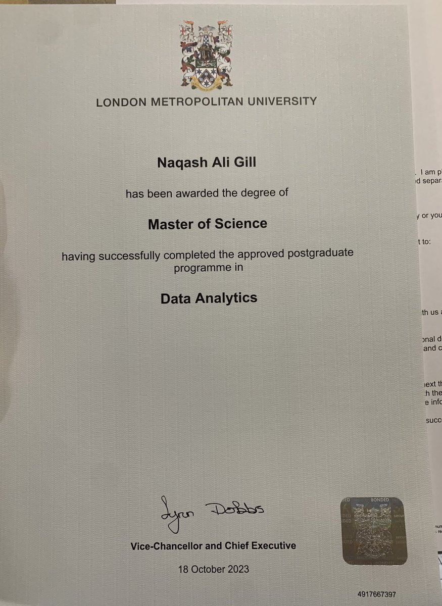 'Alhamdulillah 😇 Proud to announce my achievement! 🎓 Completed my MSc in Data Analytics at London Metropolitan University. Grateful for the learning journey and excited for the opportunities ahead! 🌍📊 #DataAnalytics #InternationalStudent #LMUGrad'