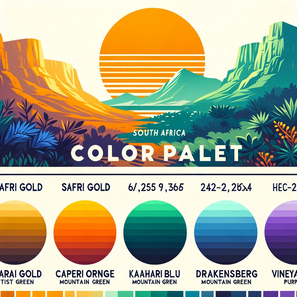 UberRandis's tweet photo. Color palette inspired by South Africa, featuring a range of diverse and vibrant tones. This palette captures the essence of South Africa's varied landscapes, from its safari regions and coastal cities to the Kalahari desert, the Drakensberg mountains, and the vineyards. 
https://t.co/ti3euVQRxE
#AI,#AIart