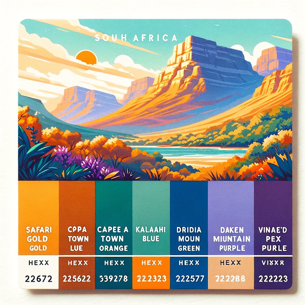 UberRandis's tweet photo. Color palette inspired by South Africa, featuring a range of diverse and vibrant tones. This palette captures the essence of South Africa's varied landscapes, from its safari regions and coastal cities to the Kalahari desert, the Drakensberg mountains, and the vineyards. 
https://t.co/ti3euVQRxE
#AI,#AIart