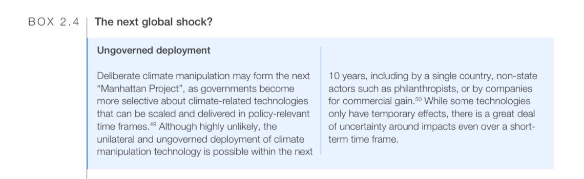 CatTheGreat_'s tweet photo. The WEF says in the 2024 Global Risk assessment that “deliberate climate manipulation” is legit… and that governments will “become more selective about climate-related technologies that can be scaled in policy-relevant time frames”

So, yeah, they’ll manipulate the climate to further their agenda and try to keep Trump out of office. 💯