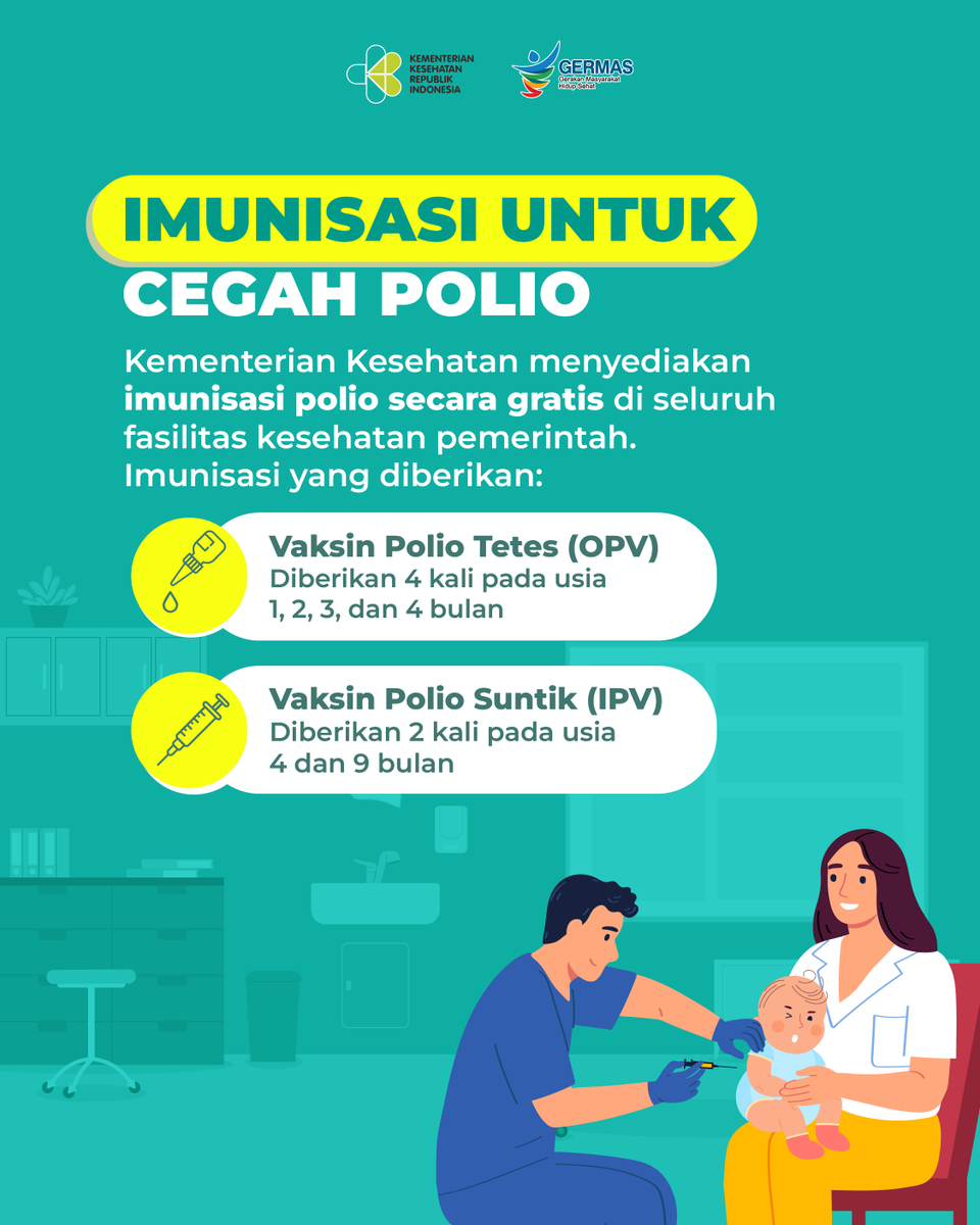 AyoSehatKemkes's tweet photo. Cegah penularan polio dengan menjaga kebersihan lingkungan, rajin cuci tangan pakai sabun dan pastikan anak kita mendapatkan vaksinasi saat Sub PIN Polio kali ini di fasilitas pelayanan kesehatan terdekat.
#subpinpolio #bebaspolio #PHBS #germas #janjihidupsehat https://t.co/HCi0WUQFMt