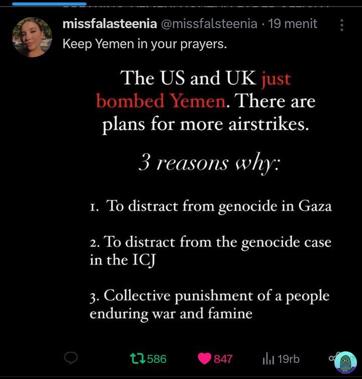 tanyakanrl's tweet photo. 💚 Yaman negara yg membela 🍉 sepenuh hati sampe pasukannya rela berjalan kaki ribuan km buat bantu nyerang israhell sekarang diserang ama uk &amp; us.
pleaseee DON'T STOP TALKING ABOUT  🍉 &amp; congo &amp; sudan &amp; doakan yaman yaaa guysss meskipun hanya rt rt post doang https://t.co/1v1slbakKN