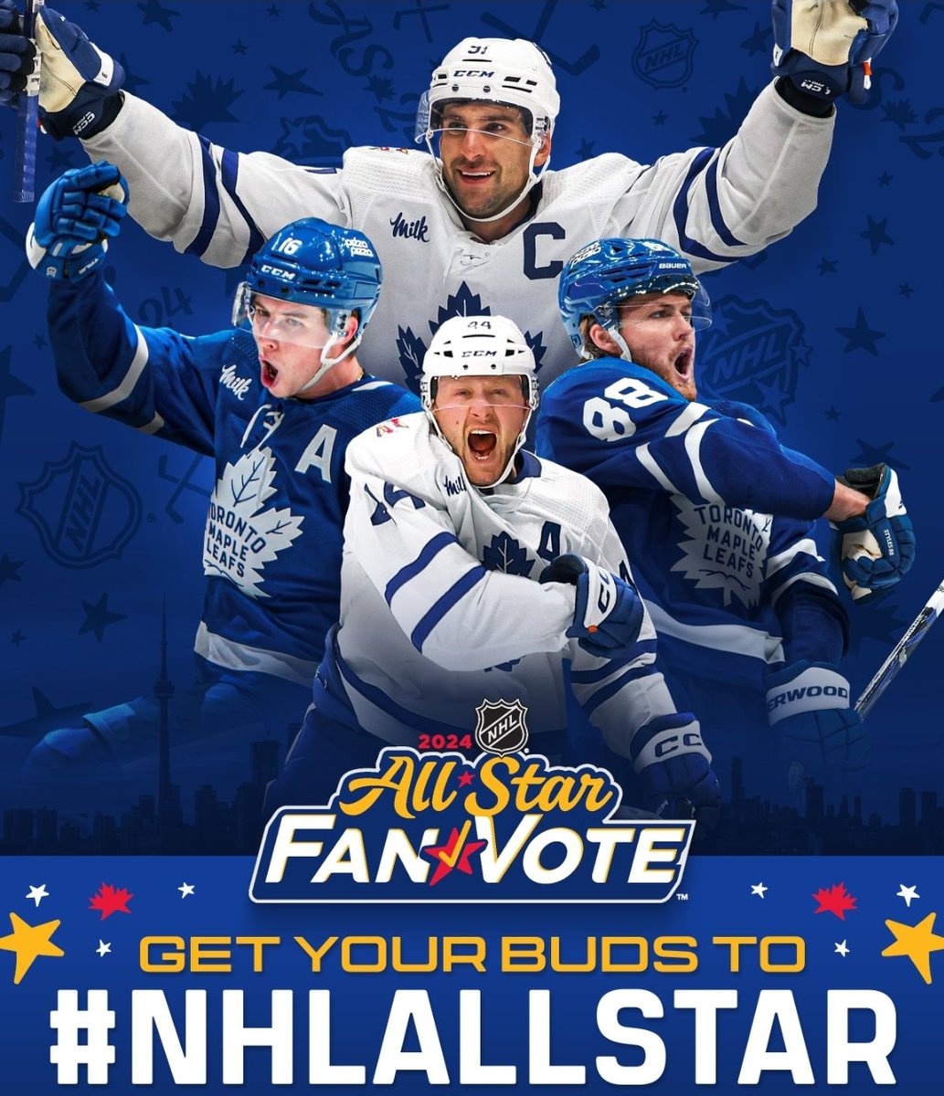 leafs_truth's tweet photo. LET'S GO LEAFS NATION!!!!!

#NHLAllStarVote       Mitch Marner 
#NHLAllStarVote       William Nylander 
#NHLAllStarVote       Morgan Rielly 
#NHLAllStarVote       John Tavares

GET THE ALL OF THE CORE 5 IN!!!!! https://t.co/HIhzszUQlO