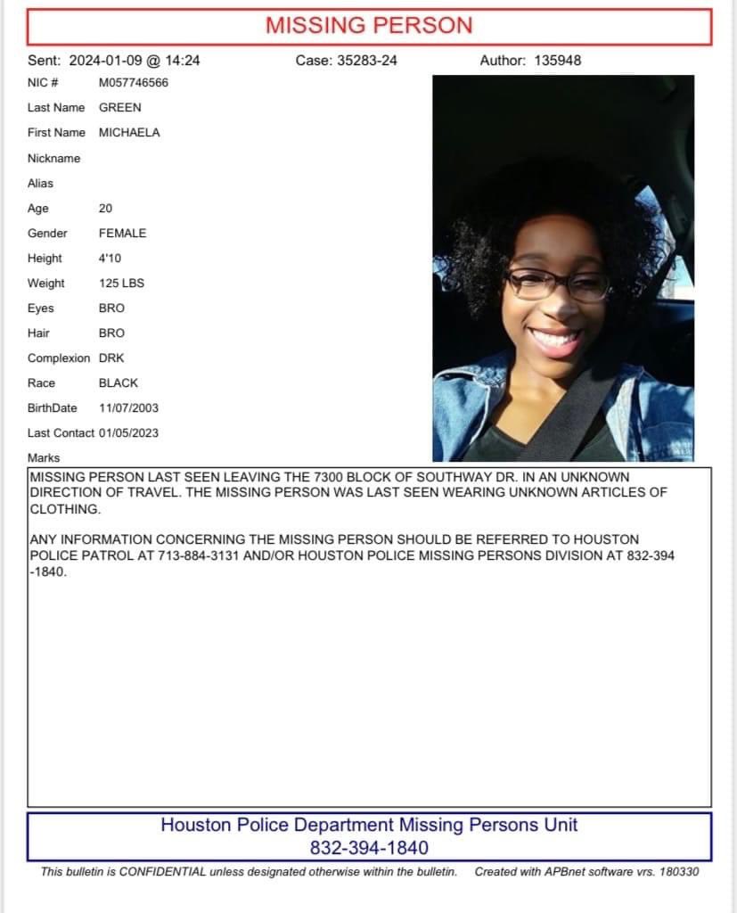 🚨🚨🚨MISSING PERSON 🚨🚨🚨 

Anyone in the Houston and surrounding areas my cousin’s daughter has been missing for a week now and just want her found; 

PLEASE SHAREEE to help spread the word to get her home safely ‼️‼️