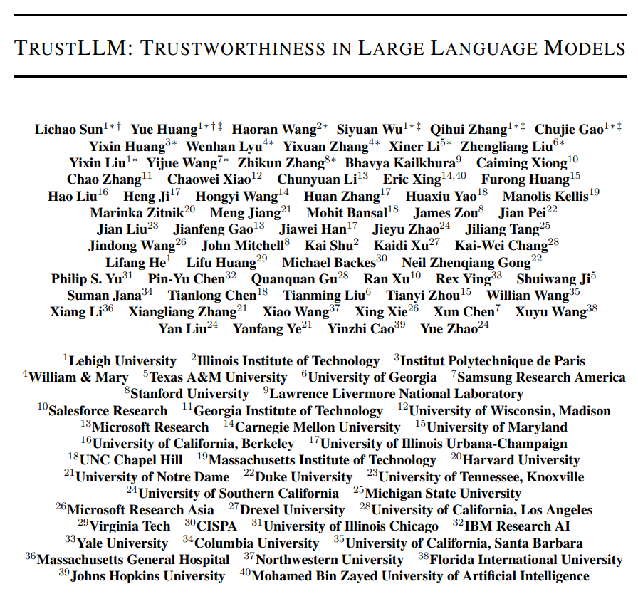 TrustLLM: Trustworthiness in Large Language Models proj: trustllmbenchmark.github.io/TrustLLM-Websi… repo: github.com/HowieHwong/Tru… abs: arxiv.org/abs/2401.05561
