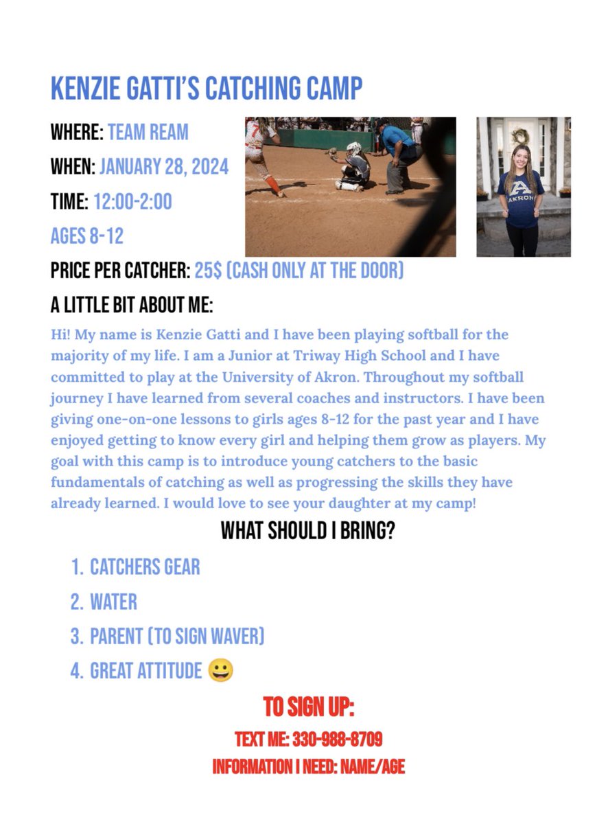 GattiKenzie's tweet photo. So excited for this opportunity to work with the future of catching! Any questions please reach out to the number on the bottom of the flier!! https://t.co/p9490DKpp1