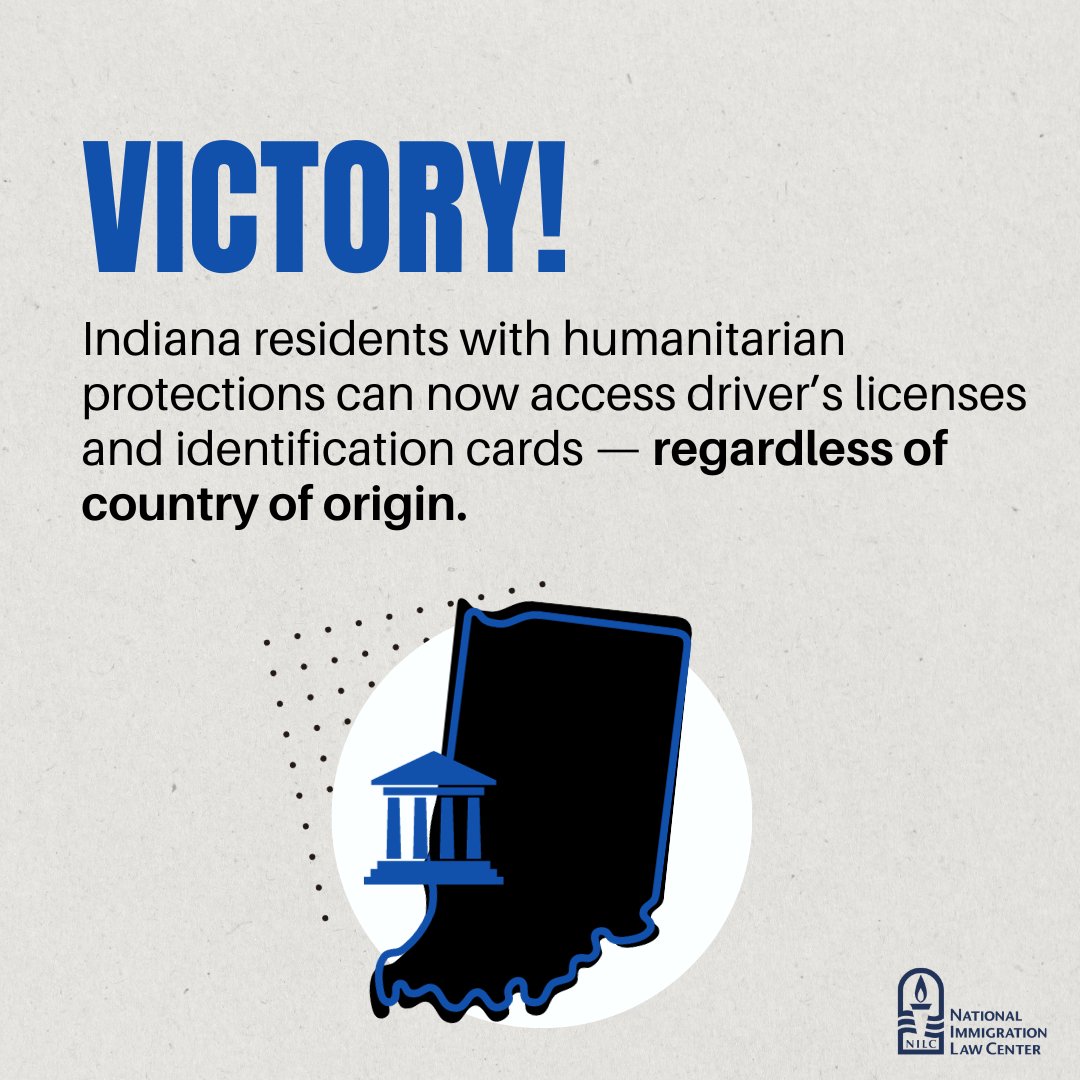NILC's tweet photo. 🚨BREAKING NEWS🚨
A federal judge ordered Indiana to remove unlawful restrictions on accessing driver's licenses or ID cards for residents under federal humanitarian protections.

This is a huge victory — especially for the brave plaintiffs in our case with @ACLUIndiana. https://t.co/12YeCl3teM