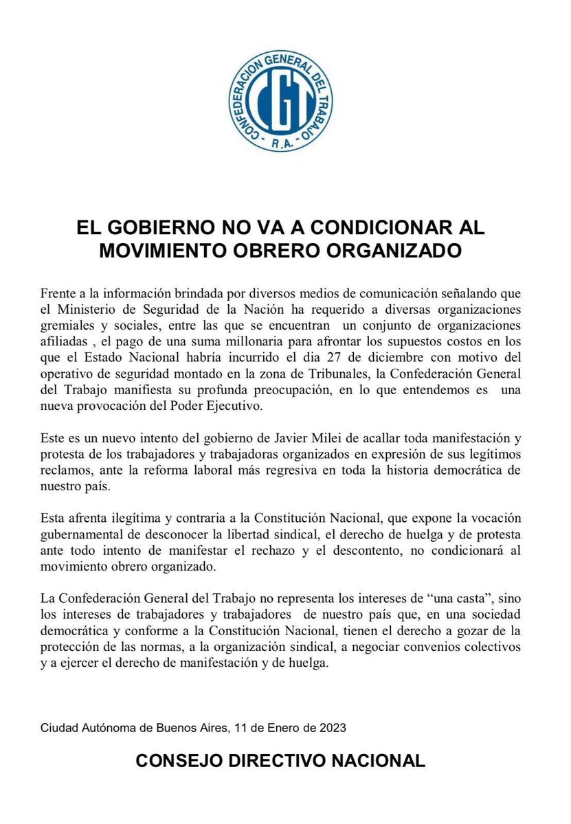 eldestapeweb's tweet photo. 🗣️"El gobierno no va a condicionar al movimiento obrero organizado"

❗️El duro comunicado de la CGT en respuesta a  las multas enviadas por el Ministerio de Seguiridad de la Nación a distintas organizaciones gremiales y sociales. https://t.co/HN3uOX5Af3
