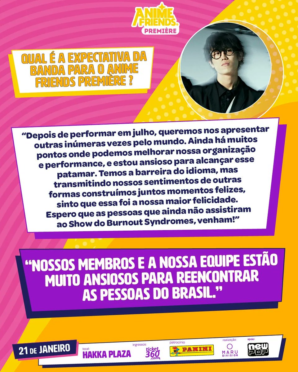 animefriends's tweet photo. Kazuumi Kumagai, vocalista do Burnout Syndromes respondeu algumas perguntas da nossa equipe, diretamente para os fãs brasileiros! 

#afpremiere #animefriends #burnoutsyndromes #AnimeFriendsPremiere #haikyuu https://t.co/mXLQP0BtOx