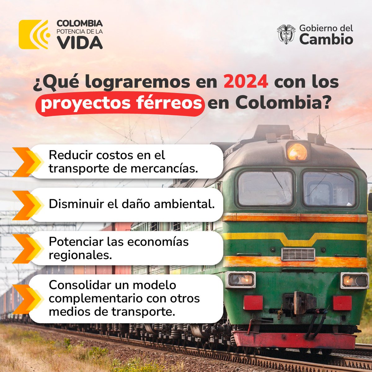 infopresidencia's tweet photo. En este 2024 pondremos en marcha los proyectos férreos en Colombia.🚊

Reducir los costos en el transporte de mercancía, impulsar la economía de las regiones y contribuir al cuidado del medio ambiente, son algunos de los objetivos que queremos alcanzar en este año. https://t.co/0dO18VEUzd