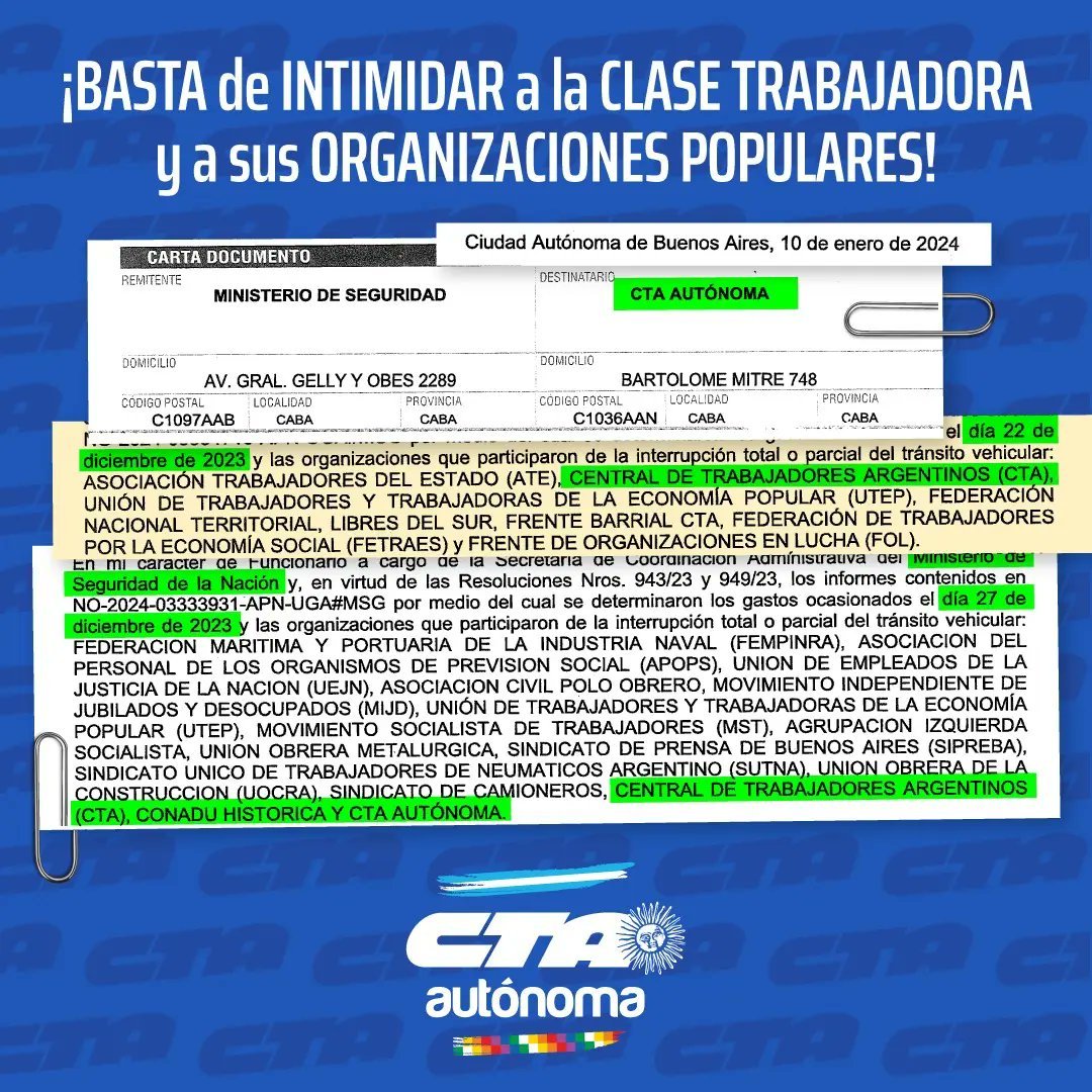 ❌️ ¡BASTA DE INTIMIDAR A LA CLASE TRABAJADORA Y A SUS ORGANIZACIONES POPULARES! ❌️