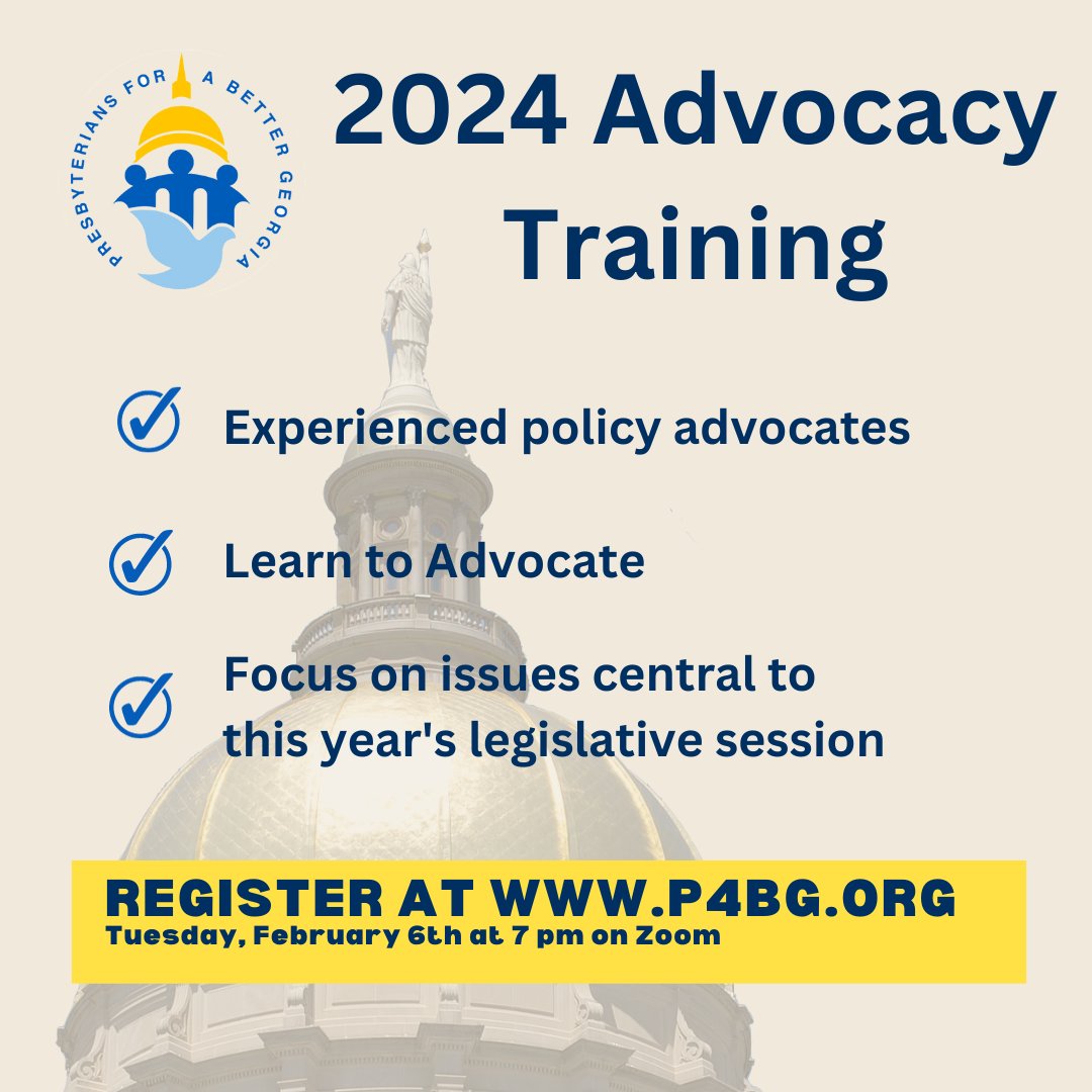 atlpcusa's tweet photo. Presbyterians for a Better Georgia's Advocacy Training Day will be 7pm on February 6, 2024 via Zoom!

Info and Registration:
https://t.co/OWYoH9tpLq https://t.co/X0AZJ9MK1p