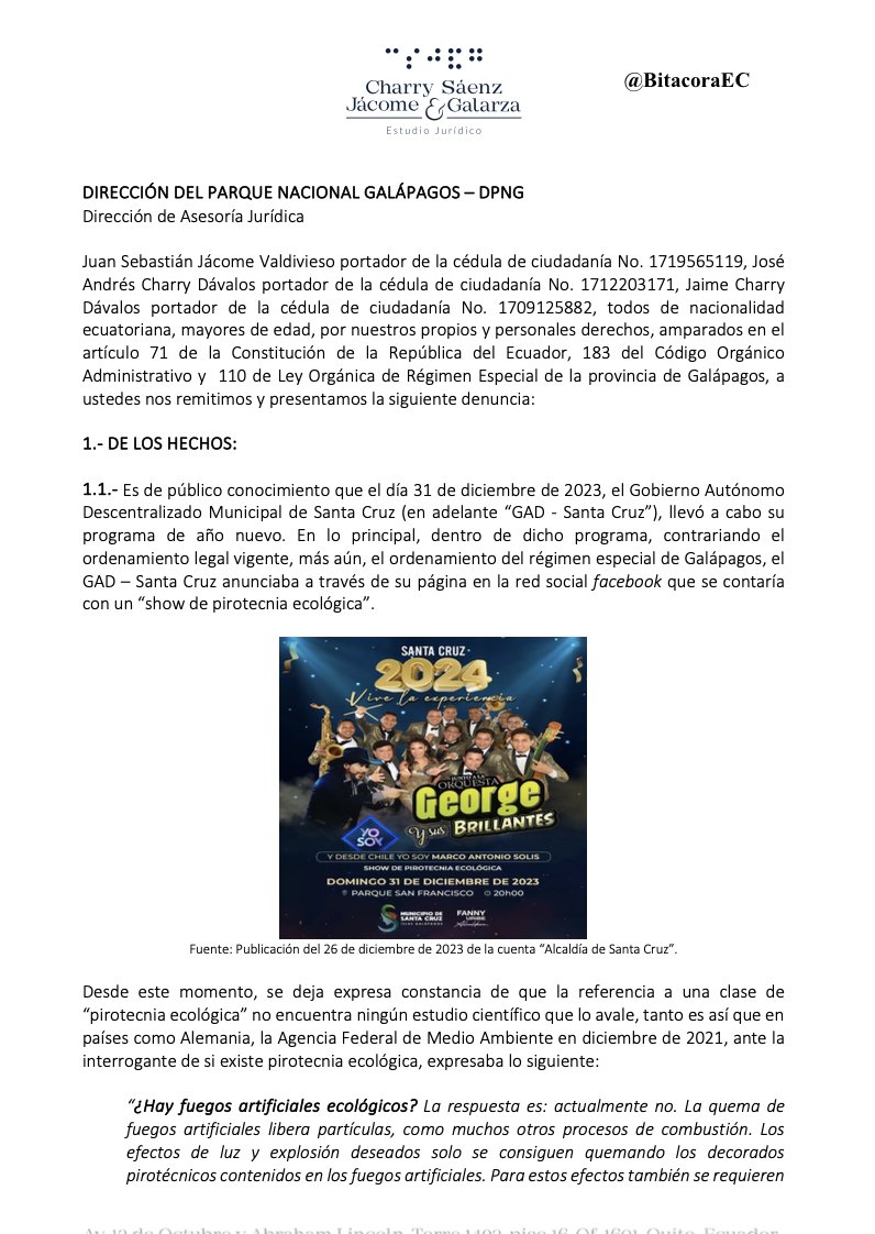BitacoraEc's tweet photo. 3 abogados piden sanciones por uso de "pirotecnia insonora que suena" en #Galapagos 

Los integrantes del Estudio Jurídico Charry Sáenz Jácome y Galarza presentaron una denuncia ante el @parquegalapagos amparados en  Ley Orgánica de Galápagos LOREG, Art 93🧵

#NoPirotecnia https://t.co/2Pvz5RTRAv
