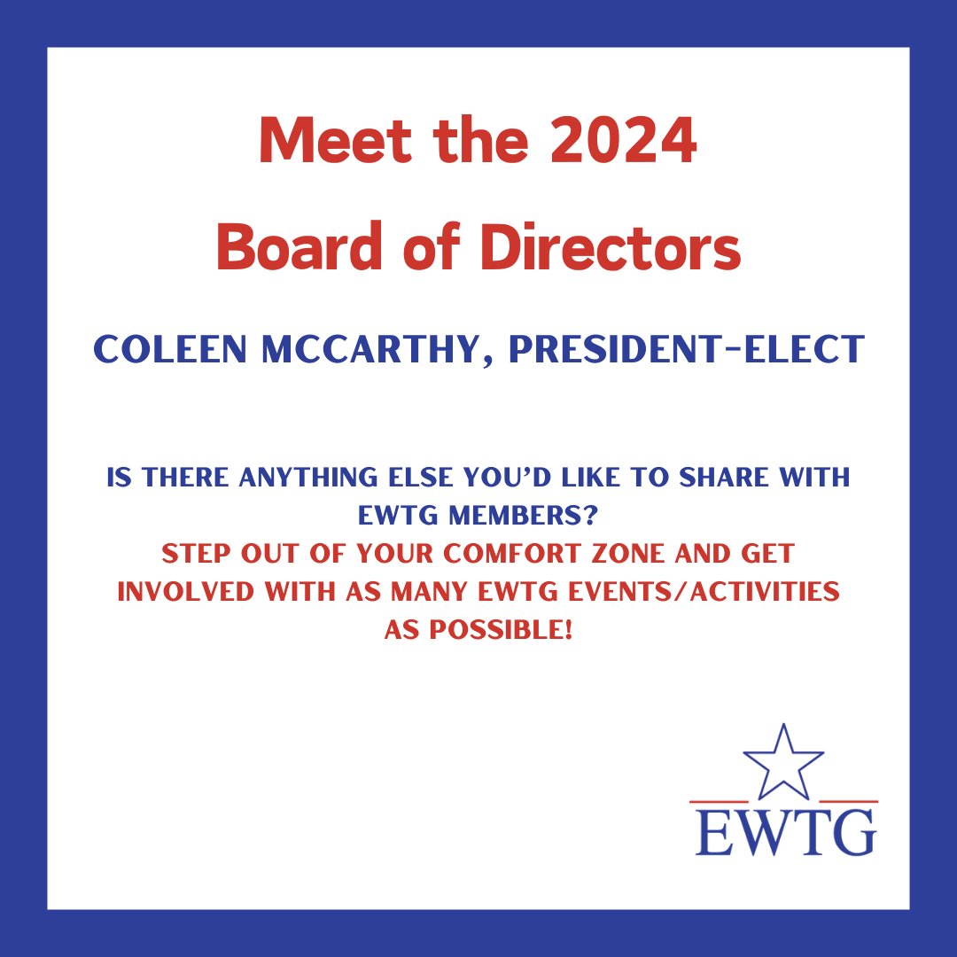 EWTG's tweet photo. Meet the 2023-2024 EWTG President-Elect, Coleen McCarthy!
https://t.co/jqgulJVA2K
#EWTG #leadershipdevelopment #publicservice https://t.co/4ekrijmmDN