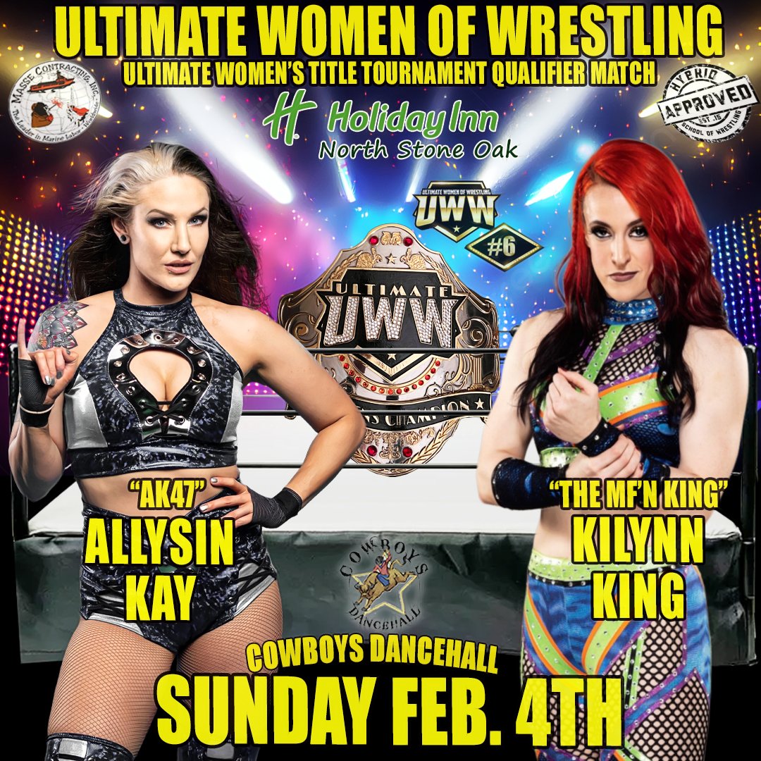 SAN ANTONIO - This Clash Of Titans is guaranteed to be an epic battle, as ALLYIN KAY & KILYNN KING go head to head to see who will advance to the Ultimate Women of Wrestling Championship Title Tournament. Get Your tickets at: …ntonioCowboysDancehall.eventbrite.com #uww6