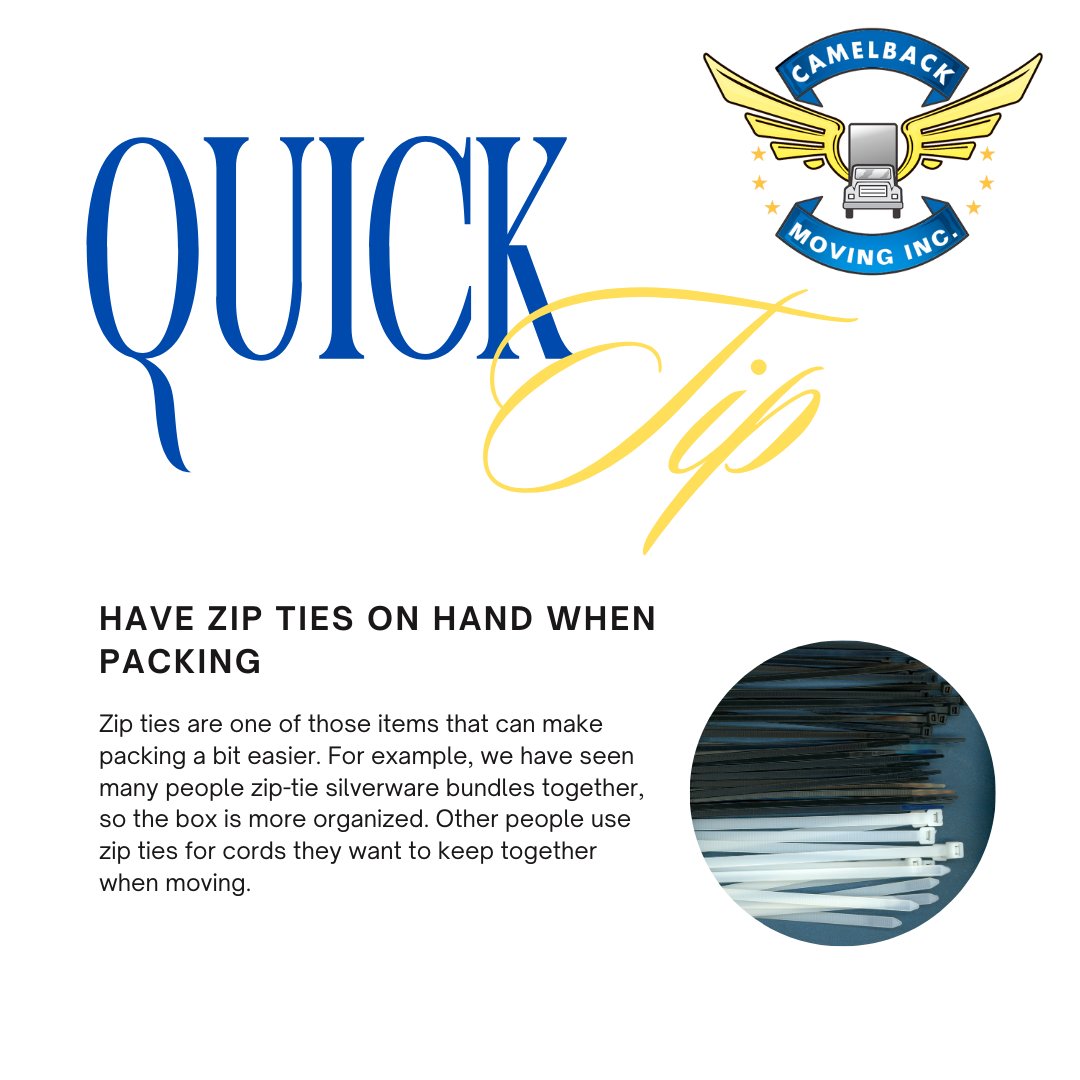 CamelbackMoving's tweet image. What types of packing material will you need? Zip ties may be an item that could come in handy! #ThursdayTip #CamelbackMoving #PackingTip