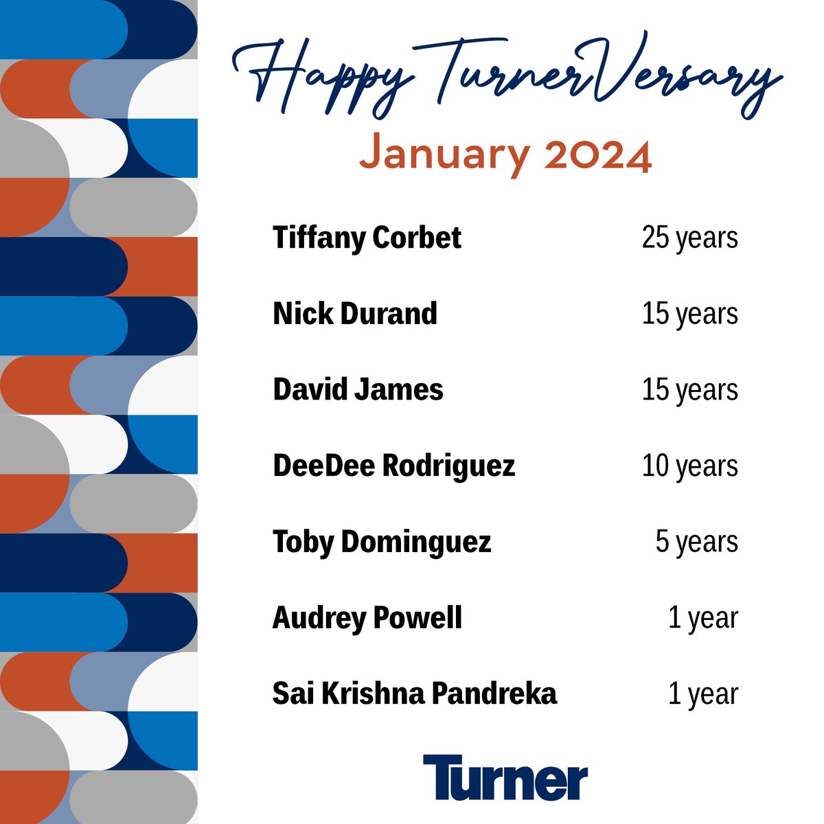 TurnerCo_KC's tweet photo. Congratulations to our employees who are celebrating work anniversaries in January! Thank you for your continued commitment and hard work. We appreciate you!
#TurnerConstruction #Turnerversary #TurnerProud #BuildWithTurner #OurPeopleOurStrength https://t.co/zH5gS94sX7